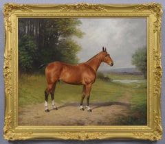 Horse portrait oil painting of a bay hunter in a landscape