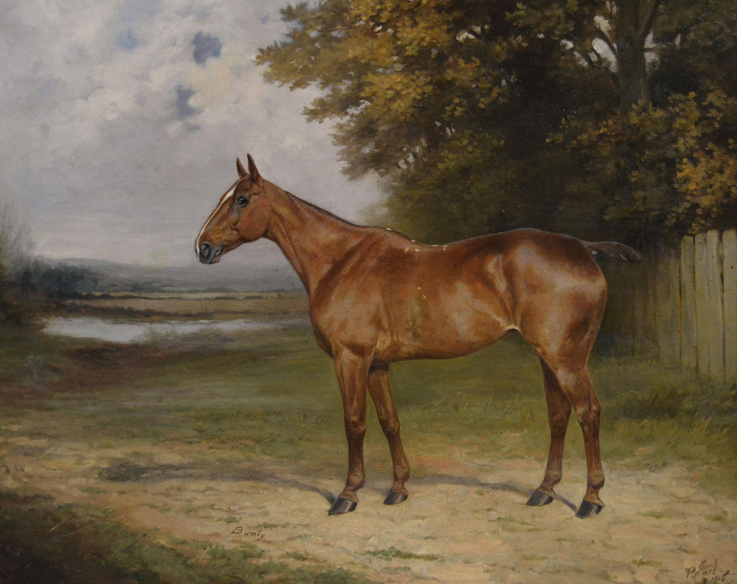 Retrato ecuestre al óleo de una yegua alazana en un paisaje - Painting de Thomas Percy Earl