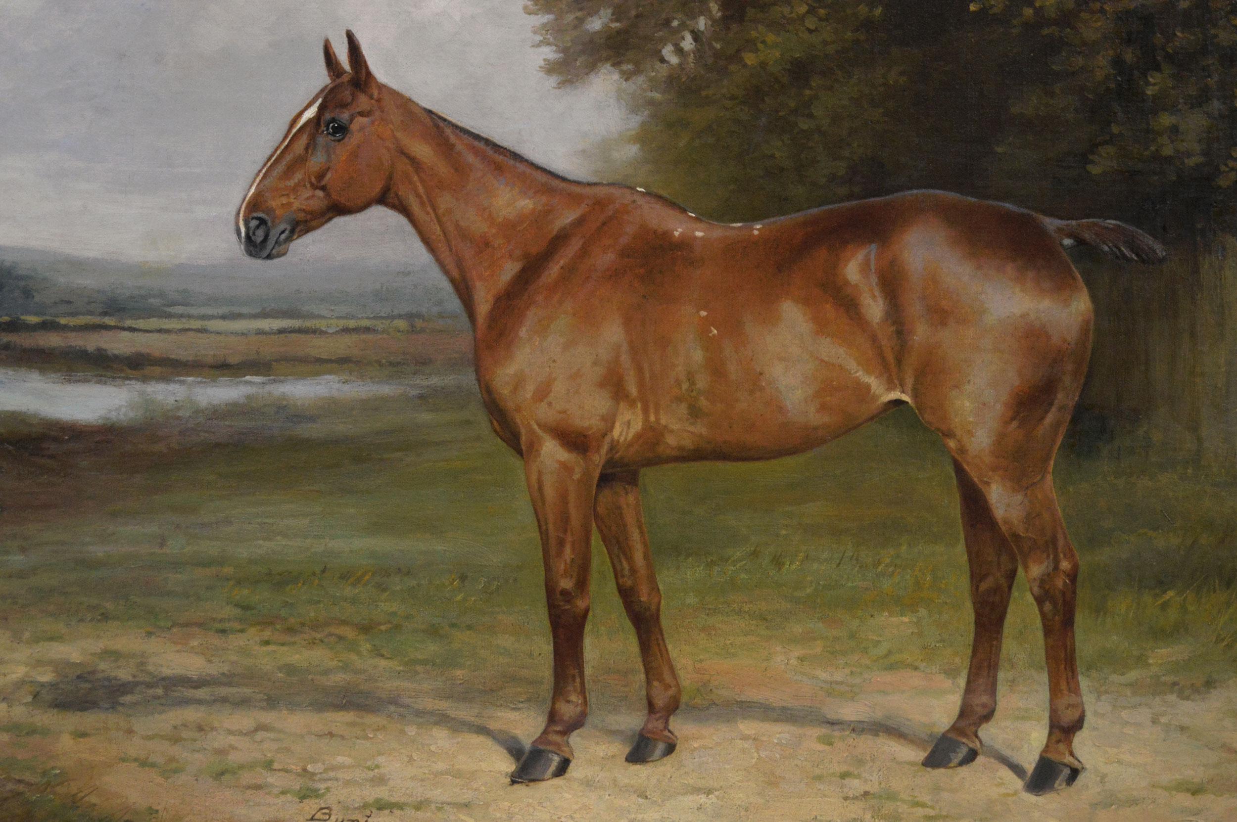 Retrato ecuestre al óleo de una yegua alazana en un paisaje - Painting Victoriano de Thomas Percy Earl