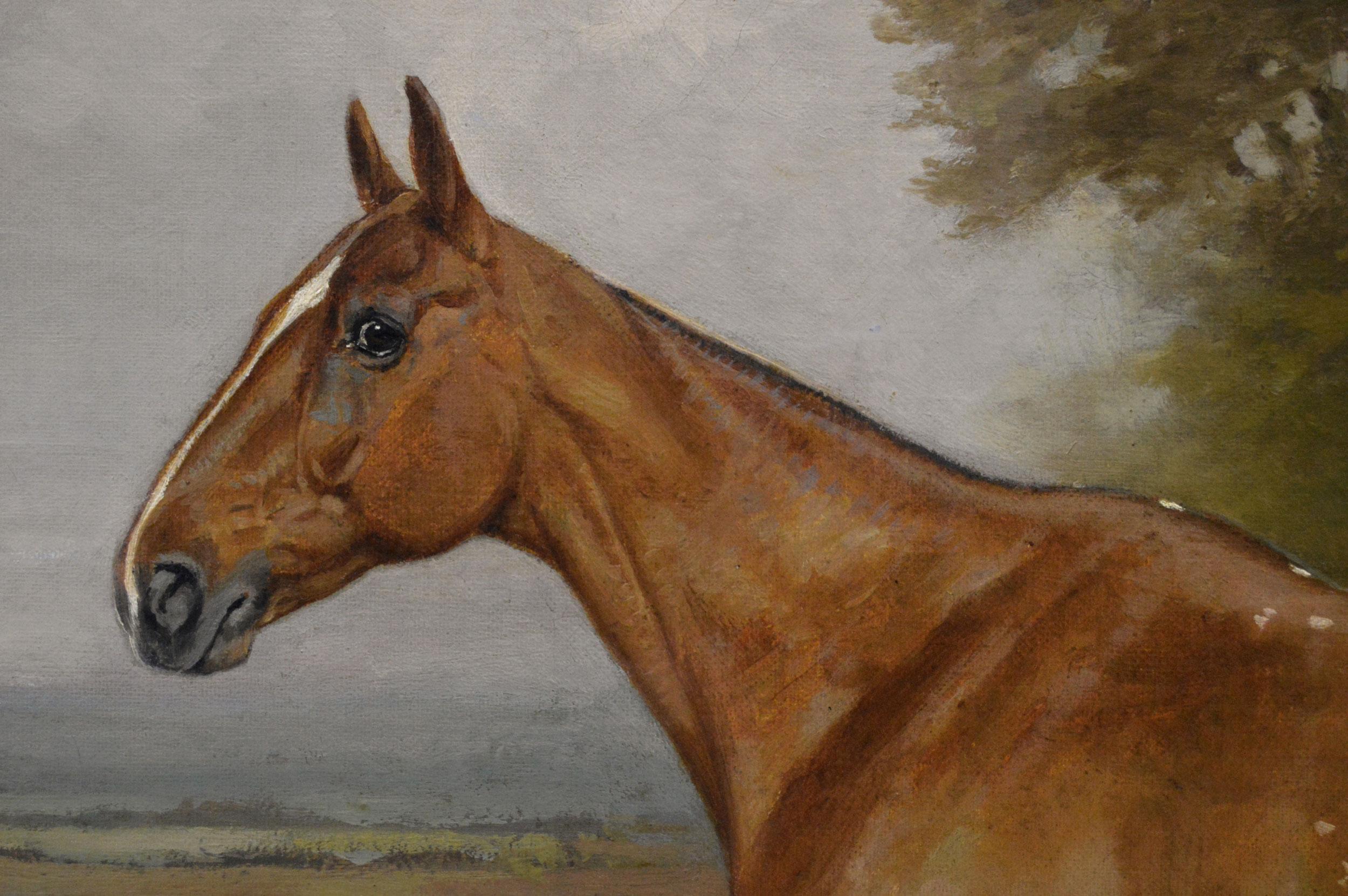 Retrato ecuestre al óleo de una yegua alazana en un paisaje - Animal Painting Marrón de Thomas Percy Earl