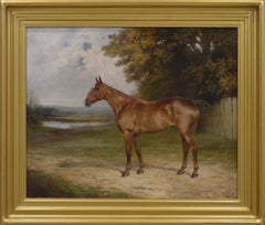 Ritratto di cavallo dipinto a olio di una cavalla di castagno in un paesaggio