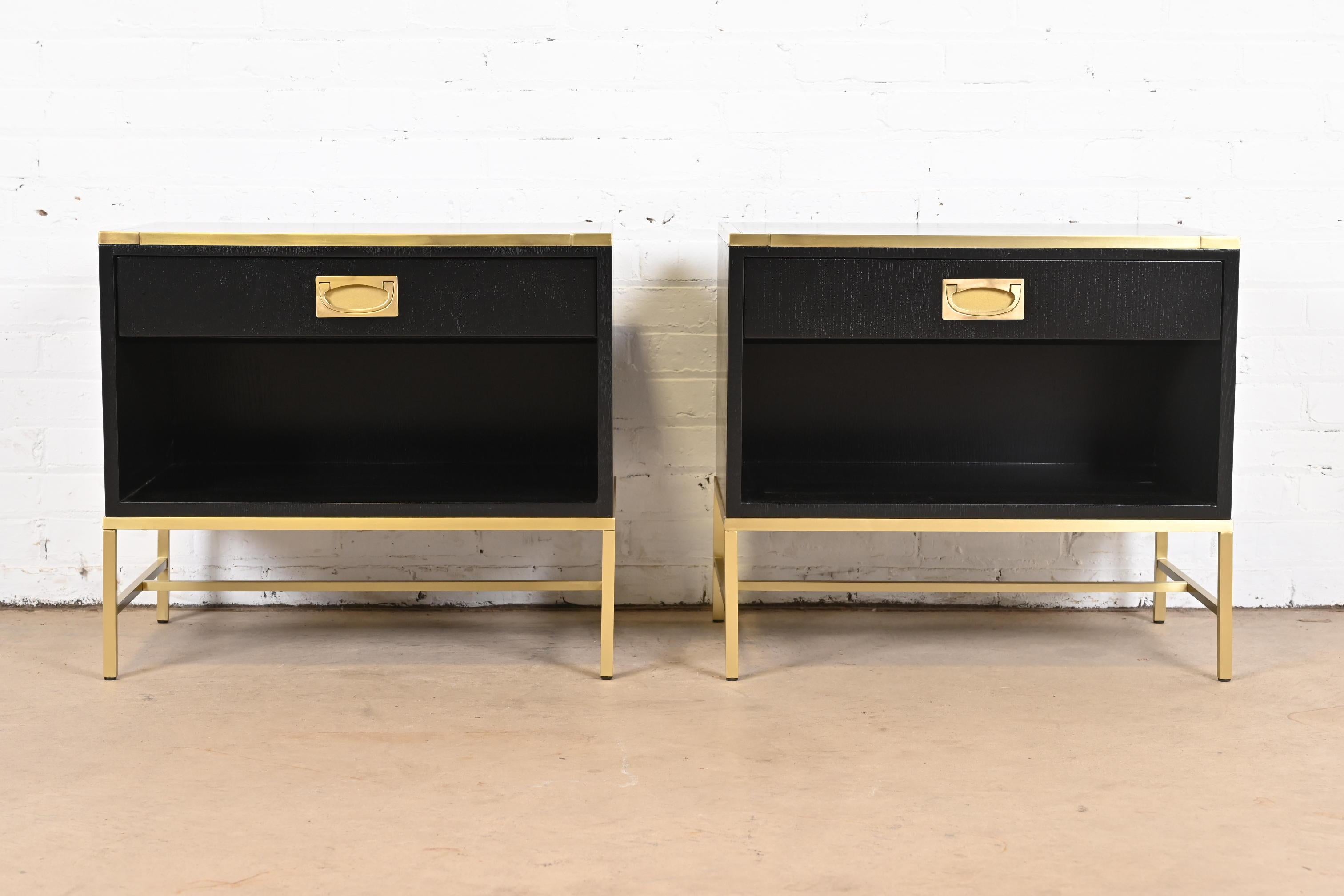 Modern Thomas Pheasant for Baker Campaign Black Lacquer and Brass Nightstands, Pair