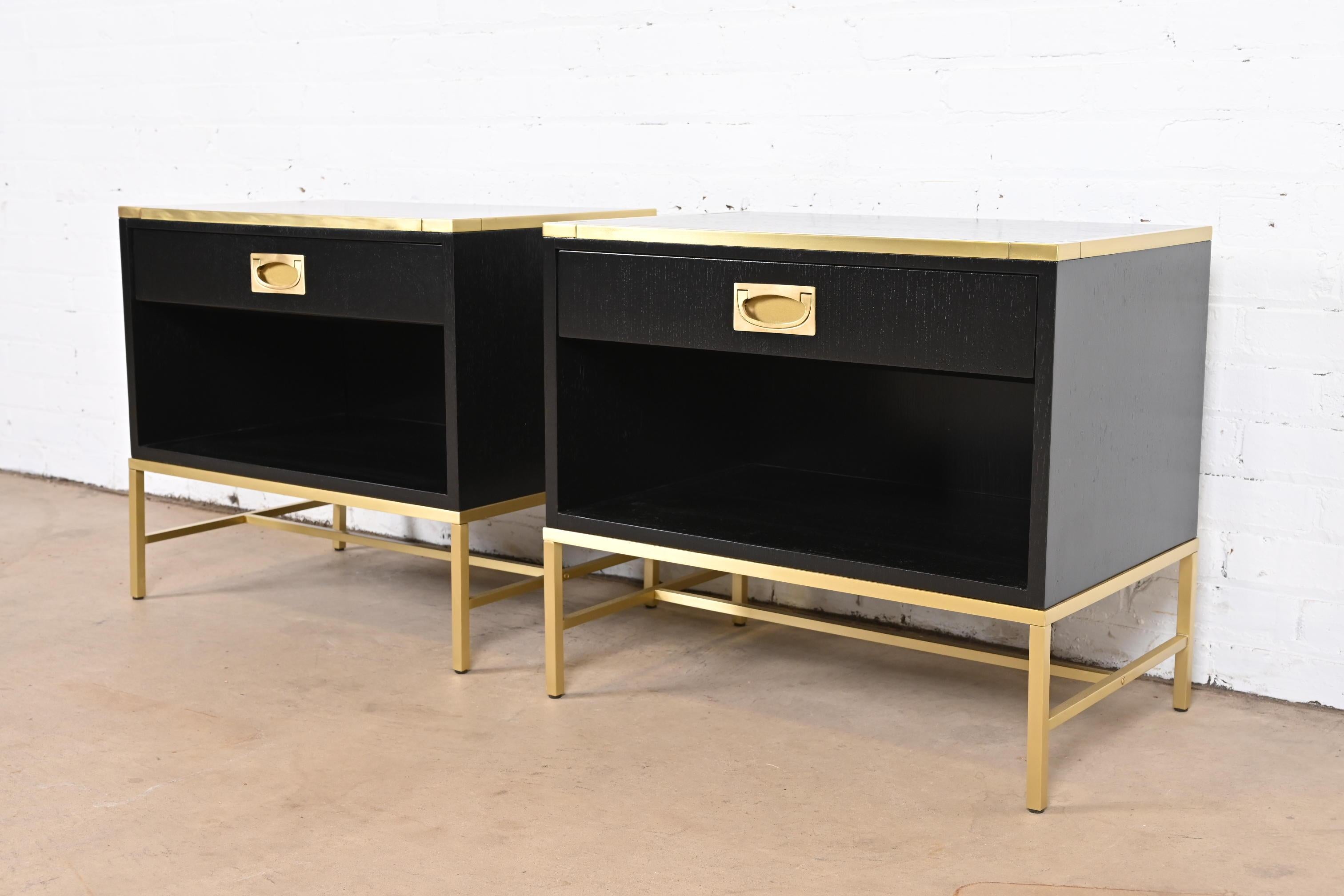Thomas Pheasant for Baker Campaign Black Lacquer and Brass Nightstands, Pair In Good Condition In South Bend, IN