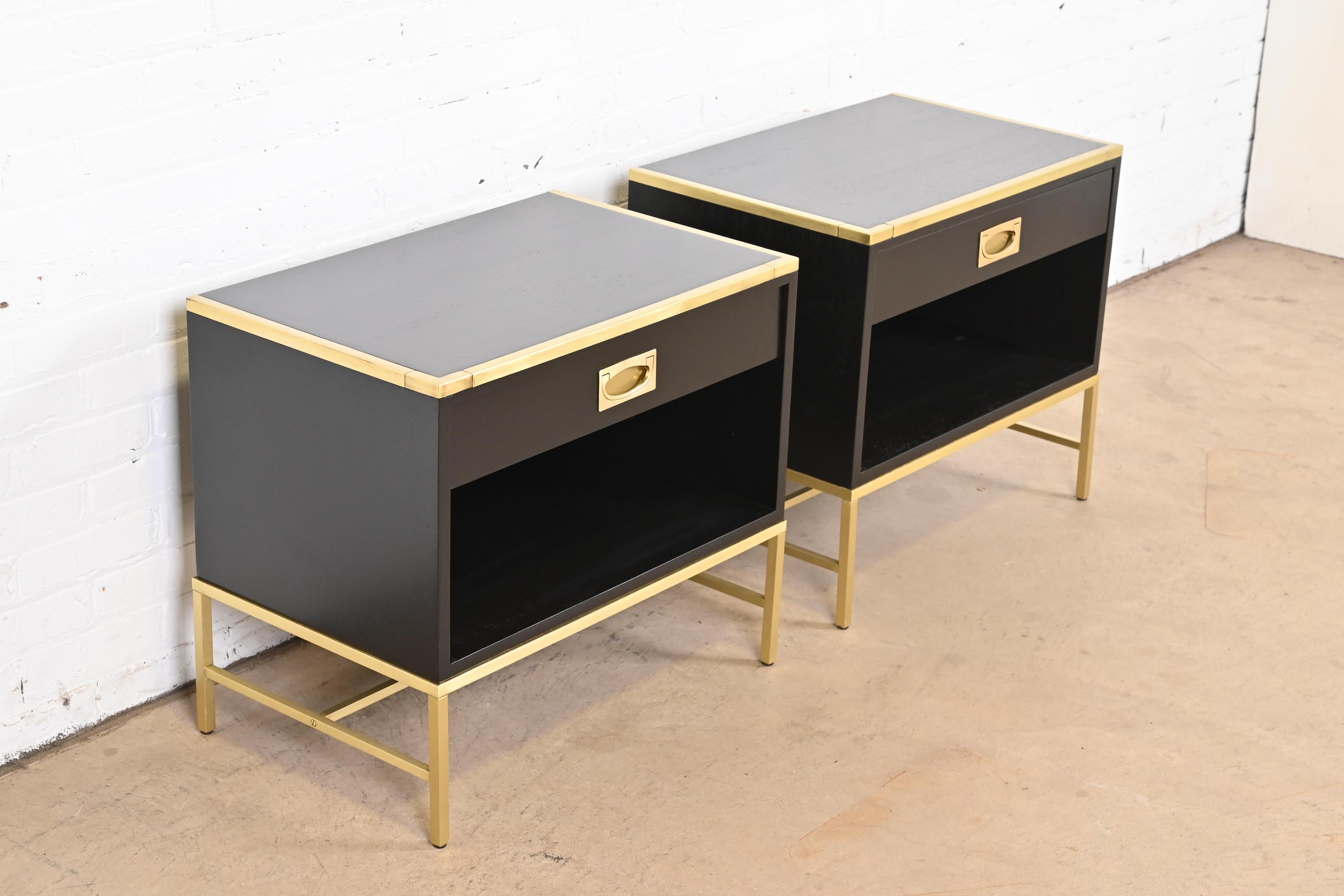 Contemporary Thomas Pheasant for Baker Campaign Black Lacquer and Brass Nightstands, Pair