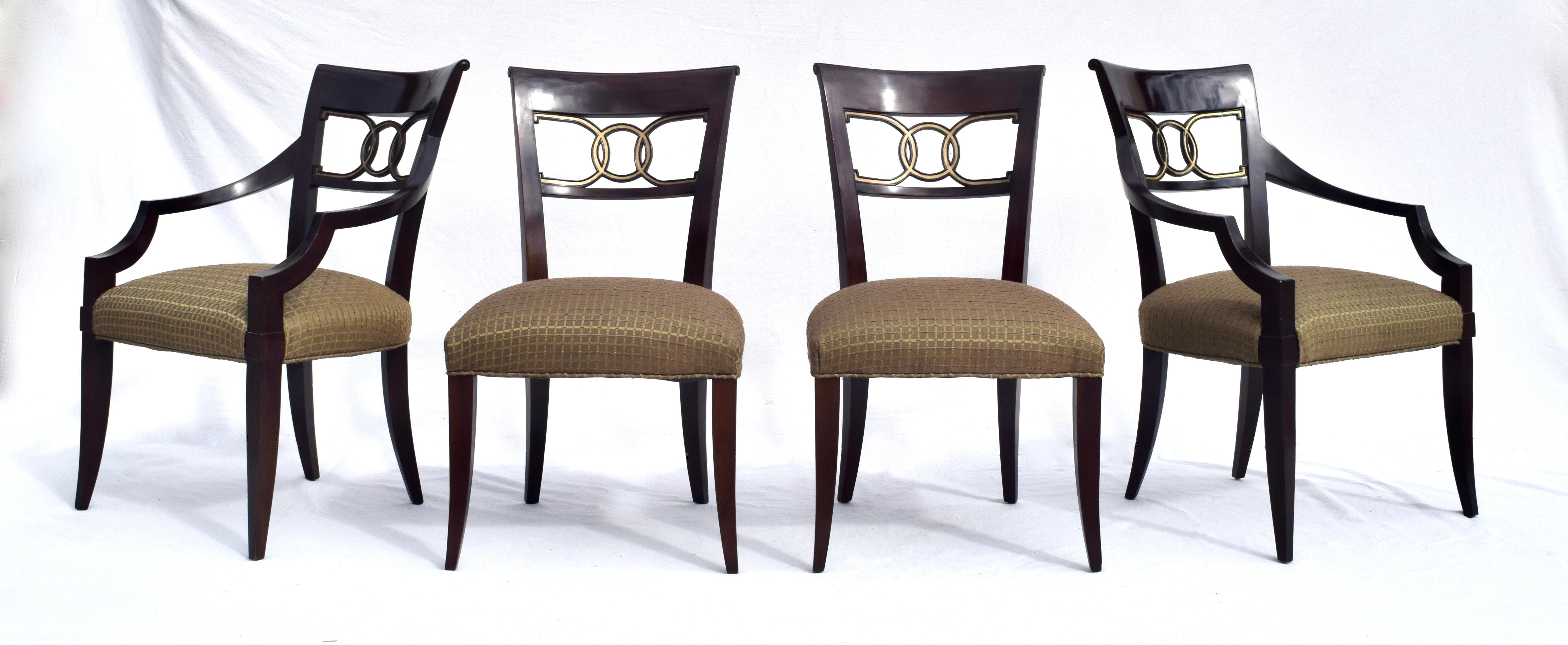 An exceptional set of Thomas Pheasant for Baker Cleo dining chairs set of twelve consisting of two arm chairs & ten side chairs. Upholstery & original finish have been beautifully maintained the set being used for holidays only for over two decades.