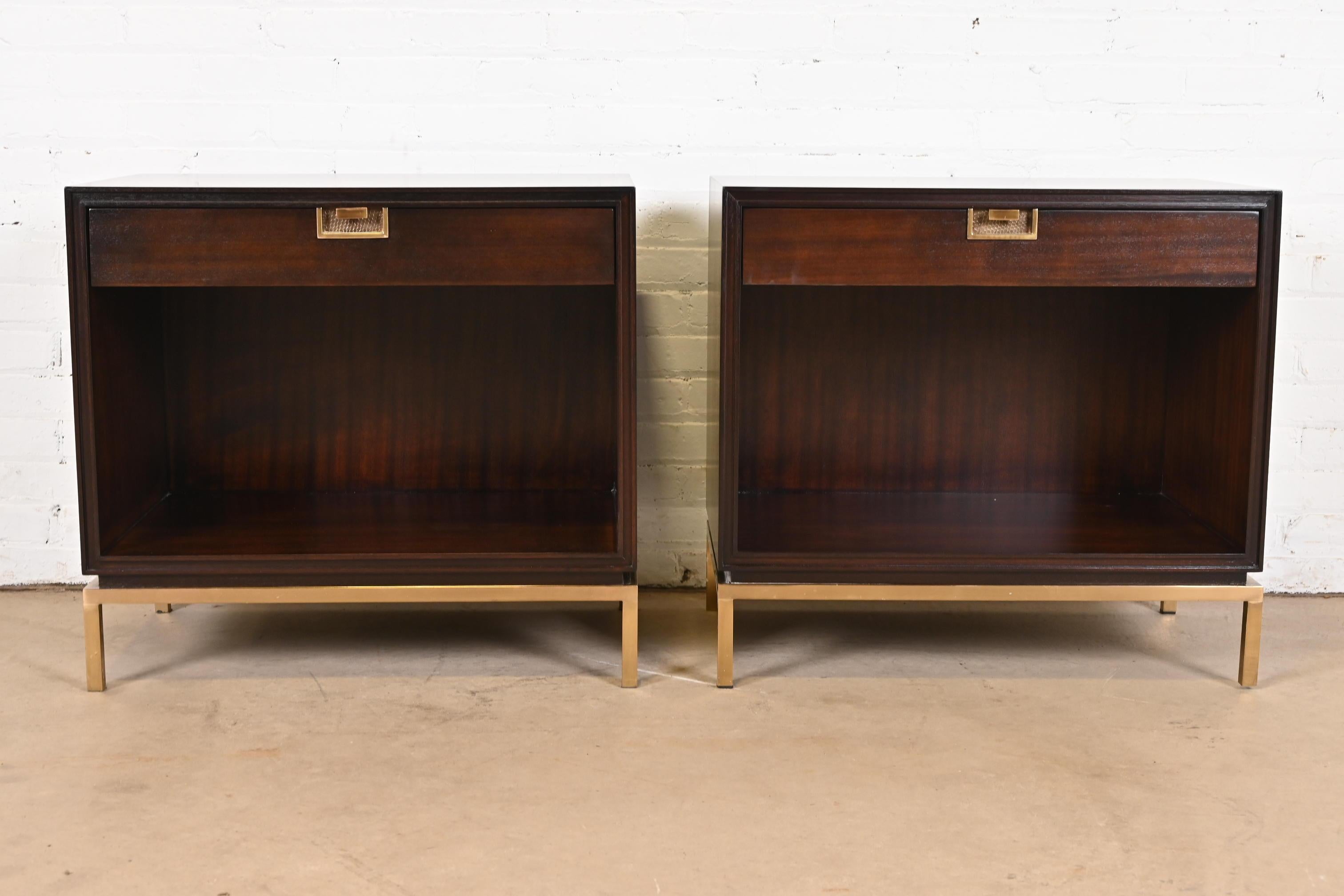 American Thomas Pheasant for Baker Furniture Campaign Mahogany and Brass Nightstands For Sale