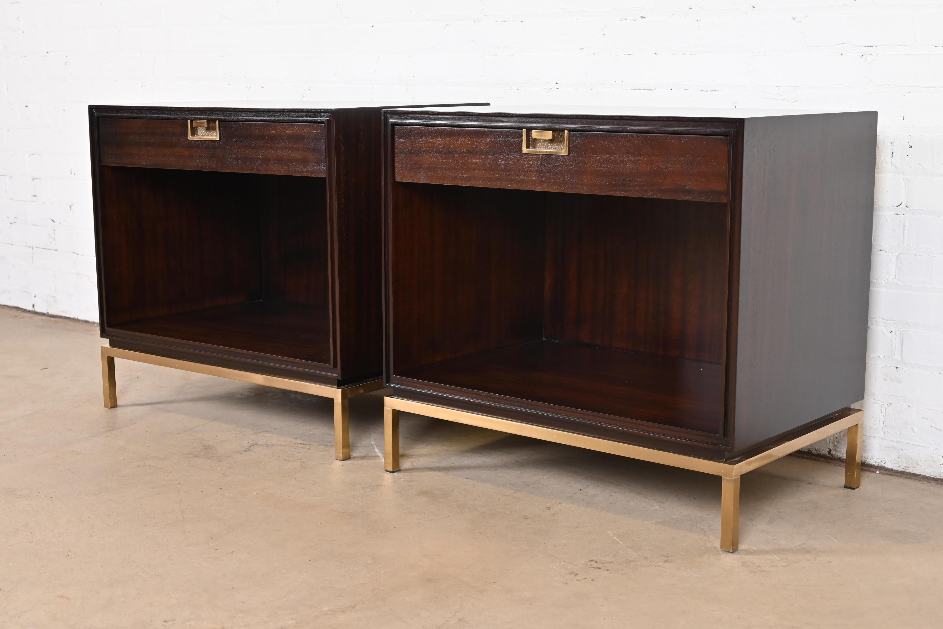 Contemporary Thomas Pheasant for Baker Furniture Campaign Mahogany and Brass Nightstands For Sale