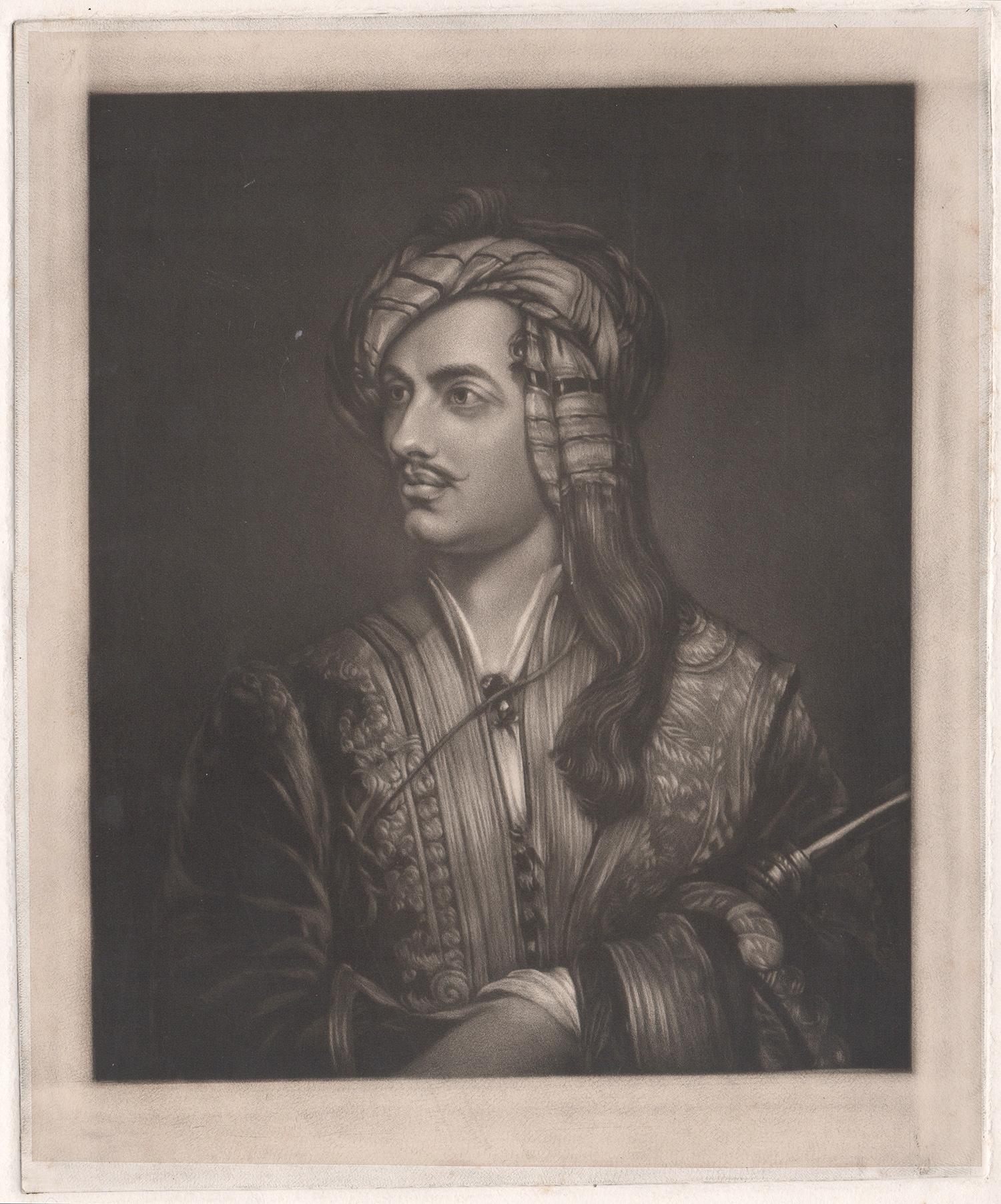 Portrait Print di Thomas Philips - Lord Byron in costume albanese, ritratto inciso a mezzatinta