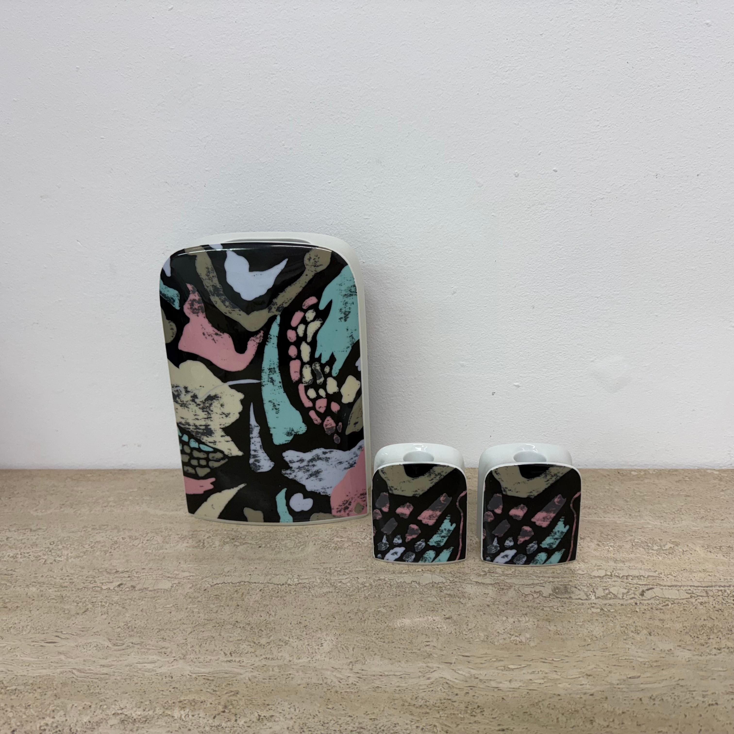 Thomas porcelain vase by Rosenthal and set of 2 candle holders, 1980’s memphis s In Good Condition For Sale In Delft, NL