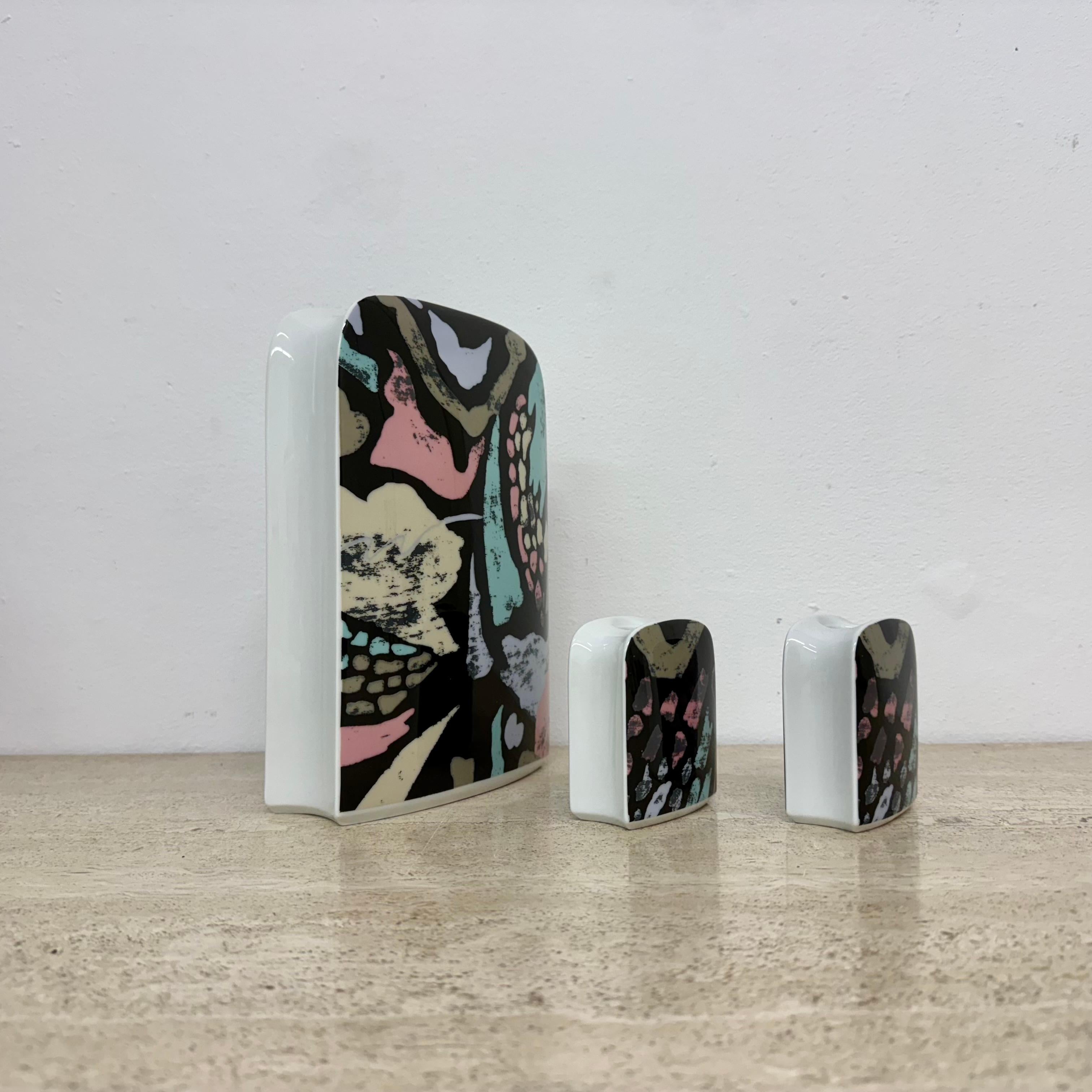 Late 20th Century Thomas porcelain vase by Rosenthal and set of 2 candle holders, 1980’s memphis s For Sale