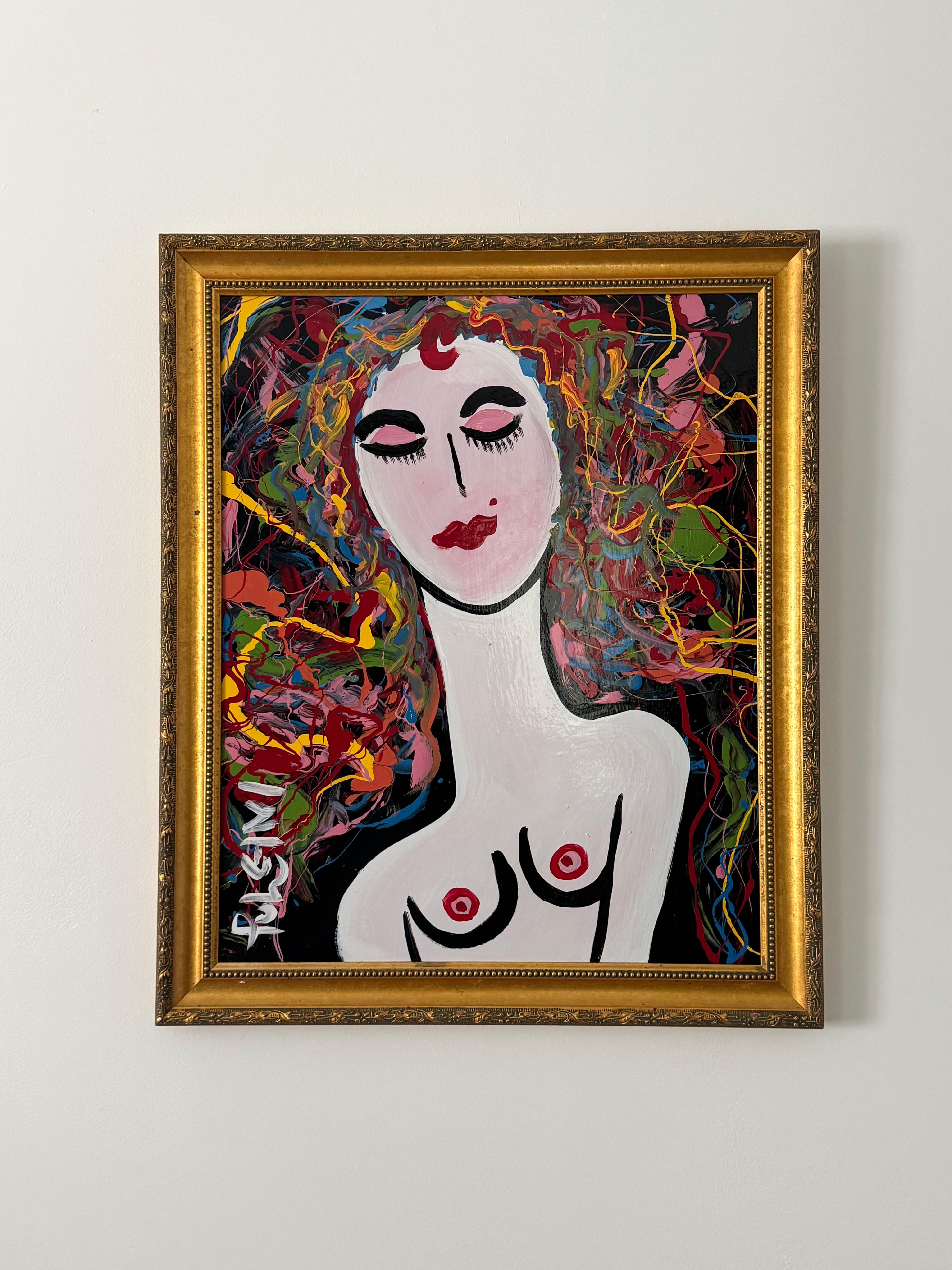 A vibrant and emotive original painting by  artist Thomas Pulgini, this work captures a dreamlike female figure with eyes closed, rendered against a dynamic background of swirling color. Pulgini’s bold, gestural brushstrokes and electric palette