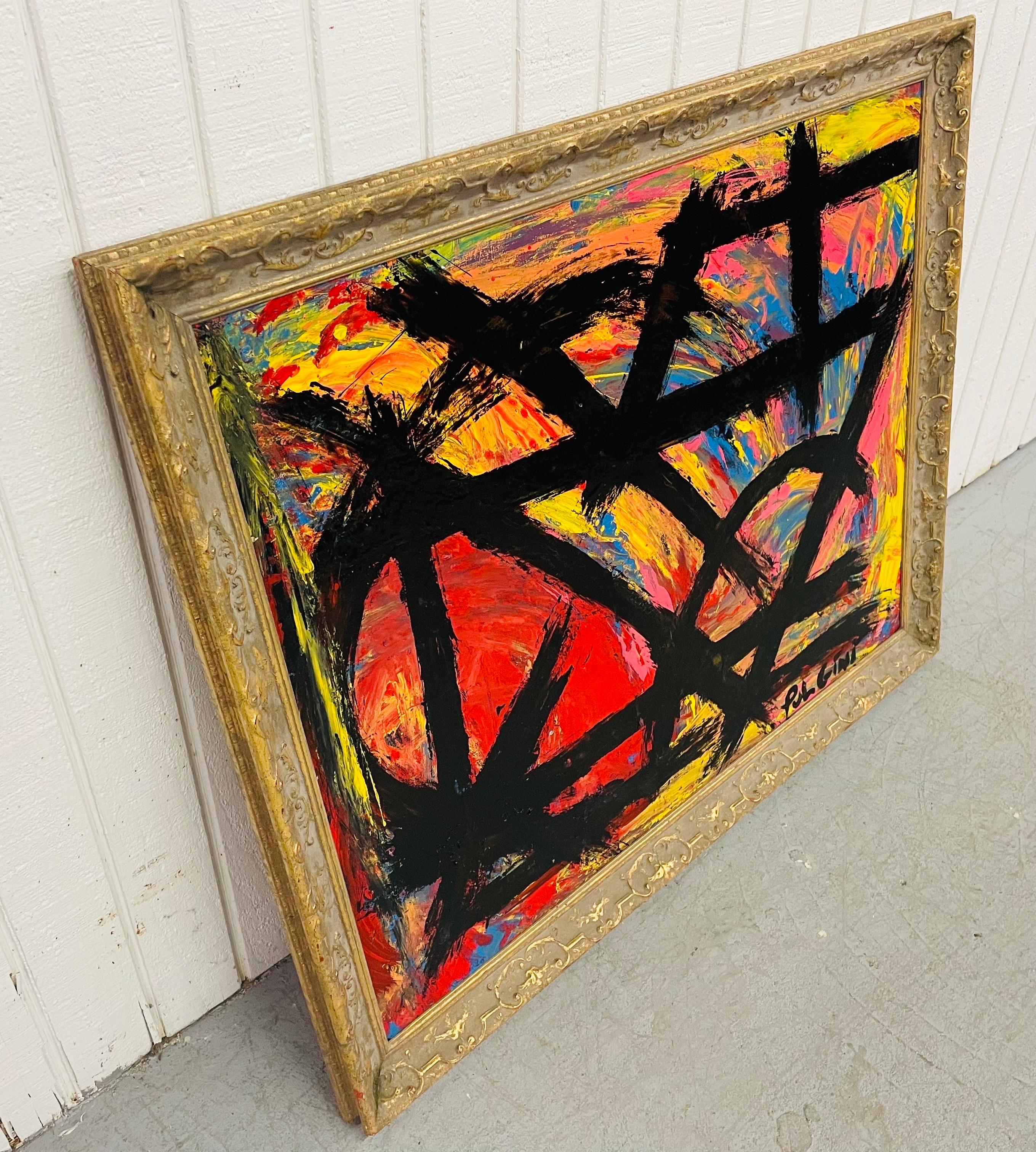 This listing is for a Thomas Pulgini Modern Abstract Oil Painting. Featuring an array of colors and a beautiful vintage gold frame.