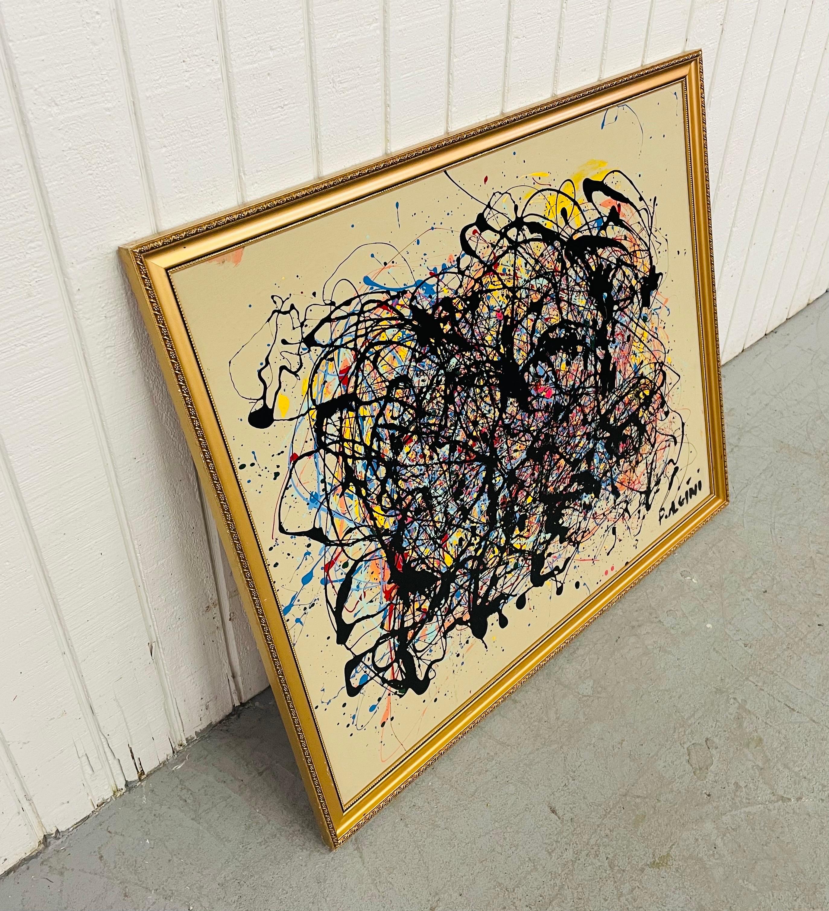 This listing is for an original Thomas Pulgini Modern Abstract Splatter Painting. Featuring a Pollock style splatter painting, gold frame, and wire on the back for hanging.