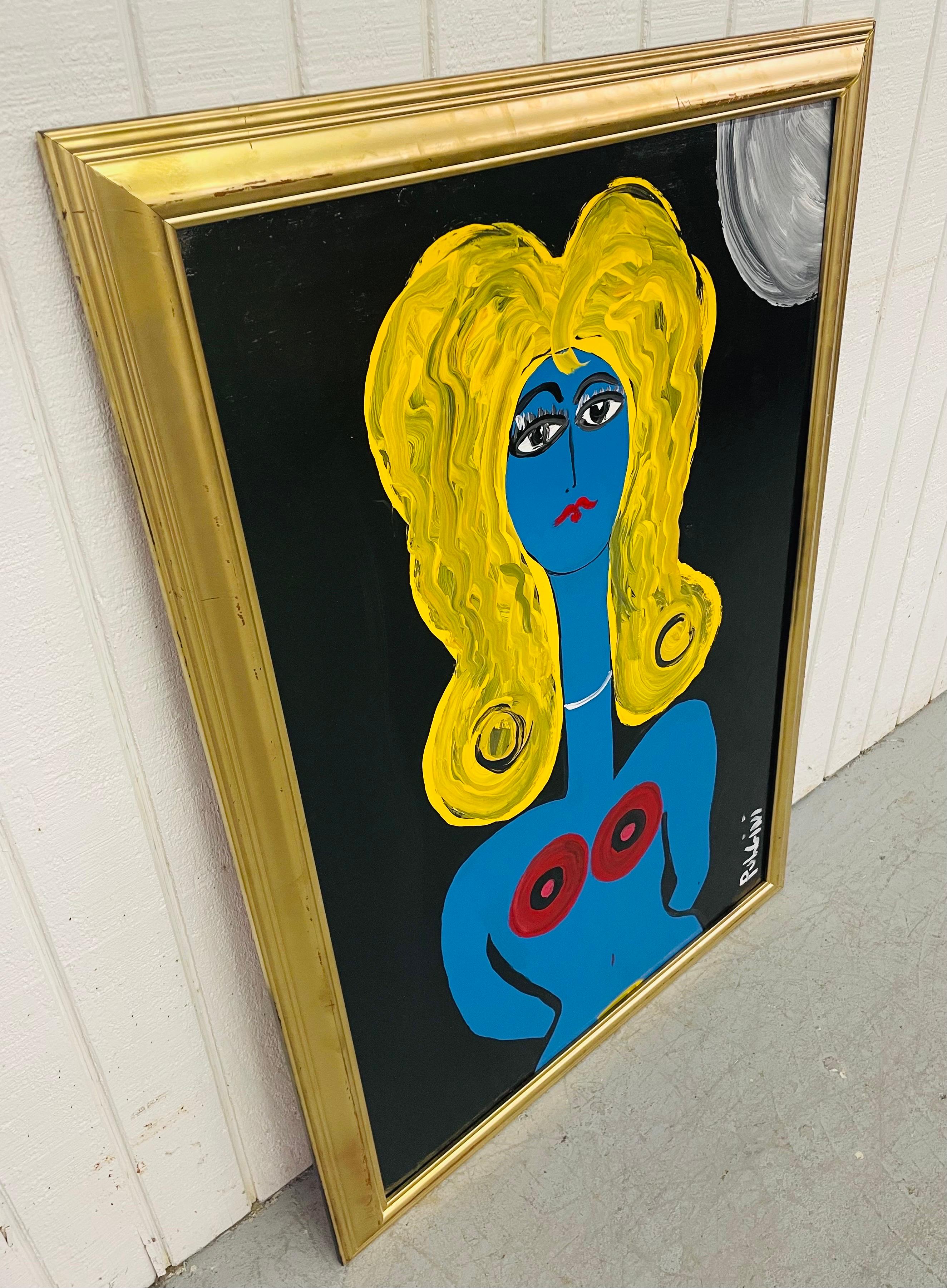 This listing is for an original Thomas Pulgini Modern Abstract Oil Painting of a Blue Woman. Featuring a gold frame and wire on the back for hanging.