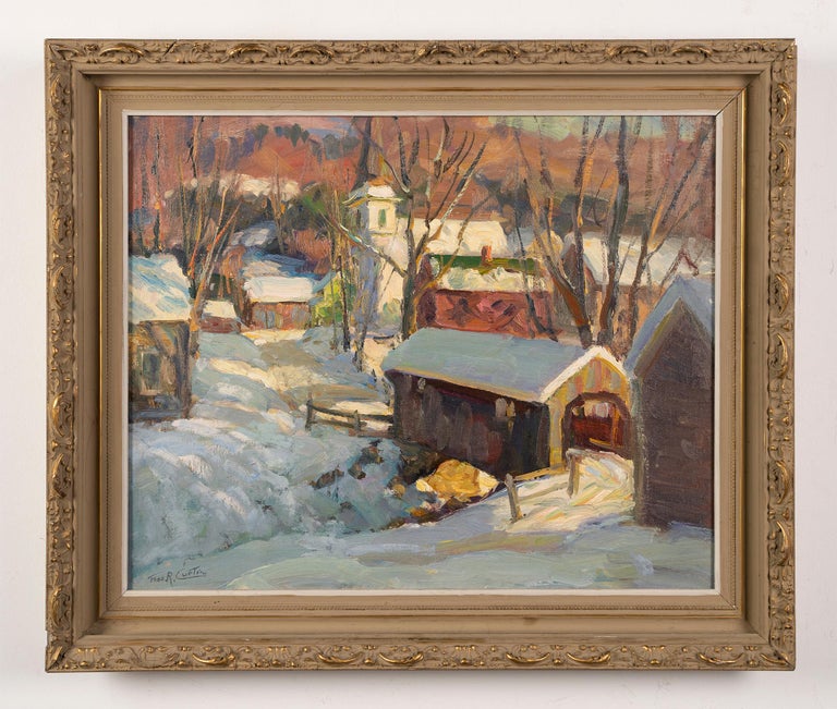 Antique American impressionist  landscape oil painting by Thomas R. Curtin (1899 - 1977).  Oil on board, circa 1940.  Signed.  Image size, 20L x 16H.  Housed in a period  frame.