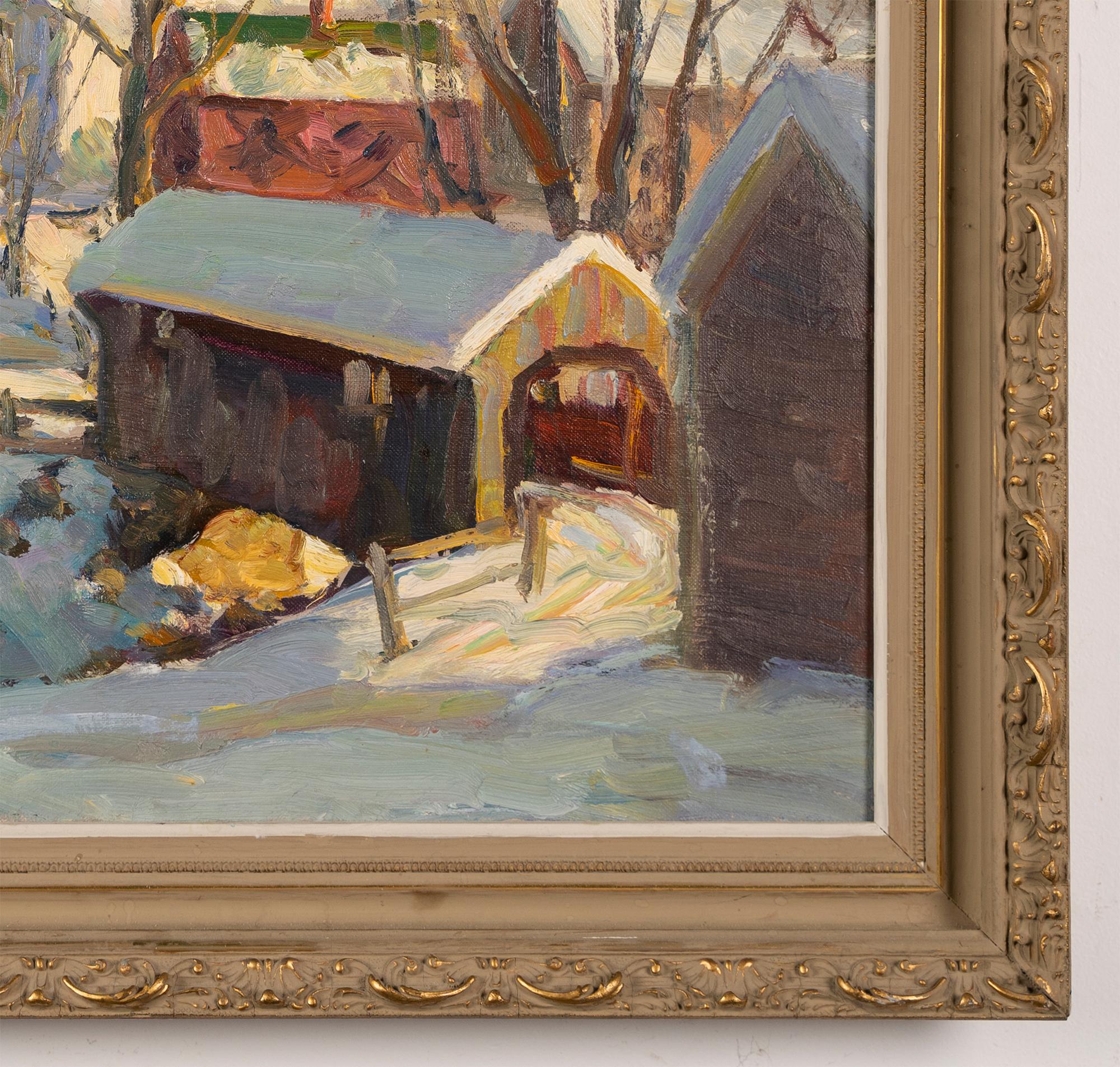 Antique American impressionist  landscape oil painting by Thomas R. Curtin (1899 - 1977).  Oil on board, circa 1940.  Signed.  Image size, 20L x 16H.  Housed in a period  frame.