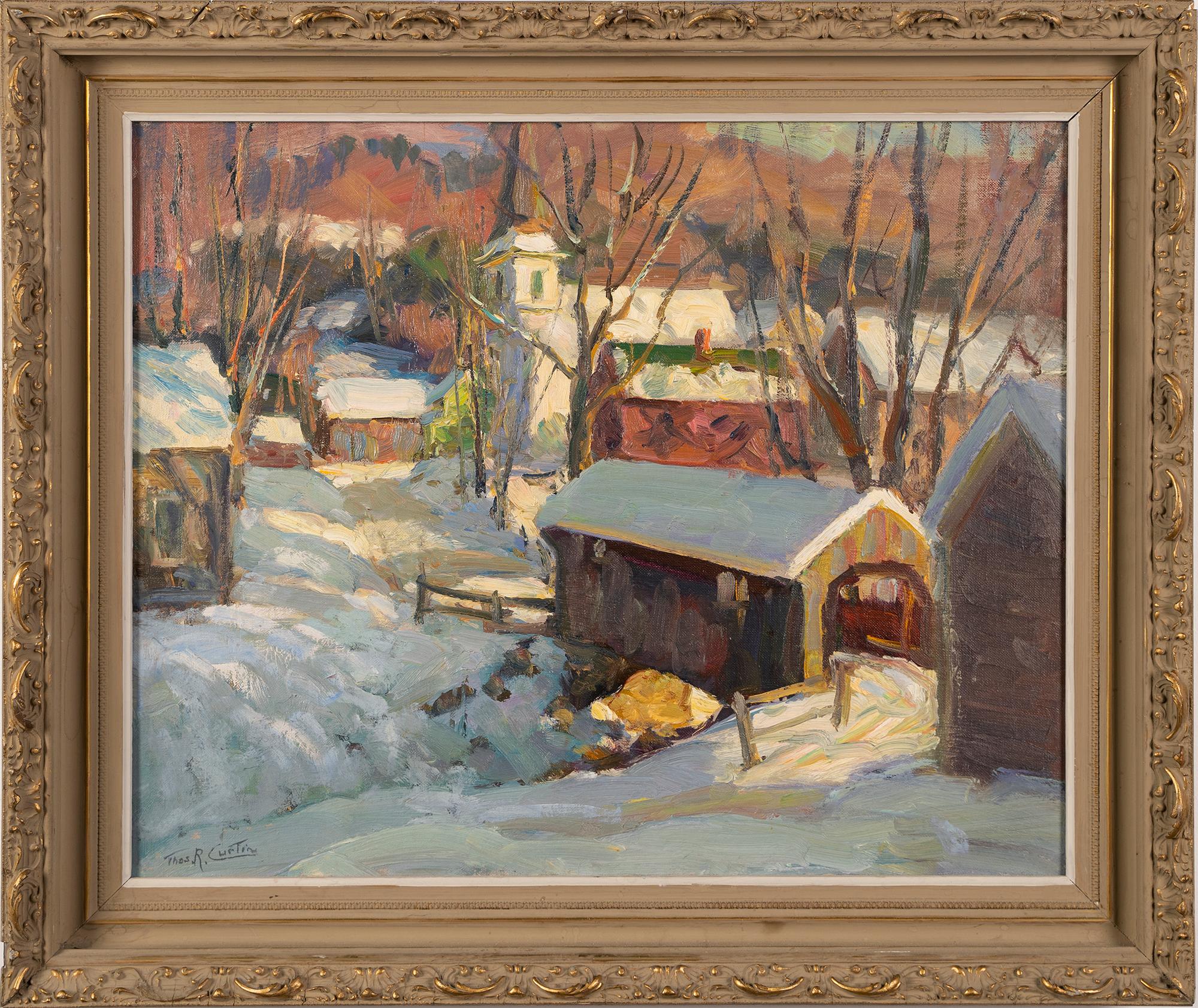 SALE Original Painting Village Snow Scene Winter Wood Frame 20x16 Canvas Mid Century Artist Signed Wall Art Vintage