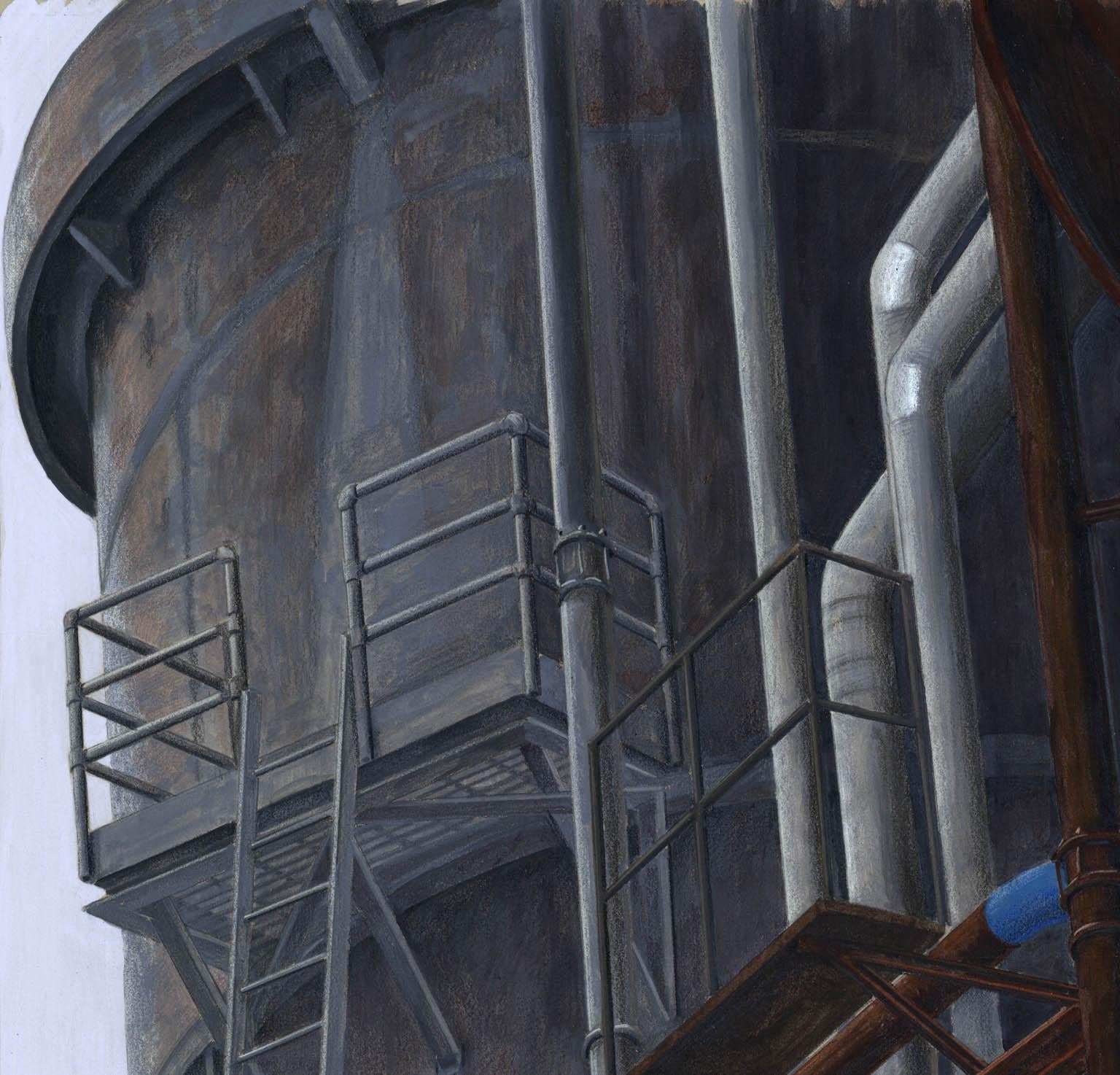 725 CLE-Serie: Tank, Hopper mit gelber Leiter. (Schwarz), Landscape Painting, von Thomas R. Roese
