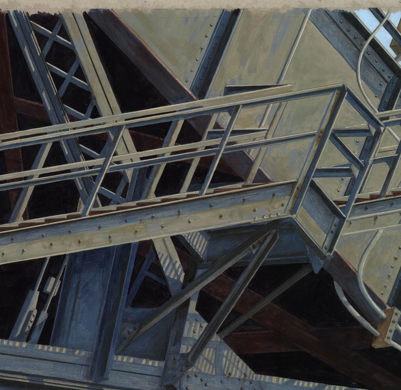 Série Cle : Lift w/Ladders. - Noir Landscape Painting par Thomas R. Roese