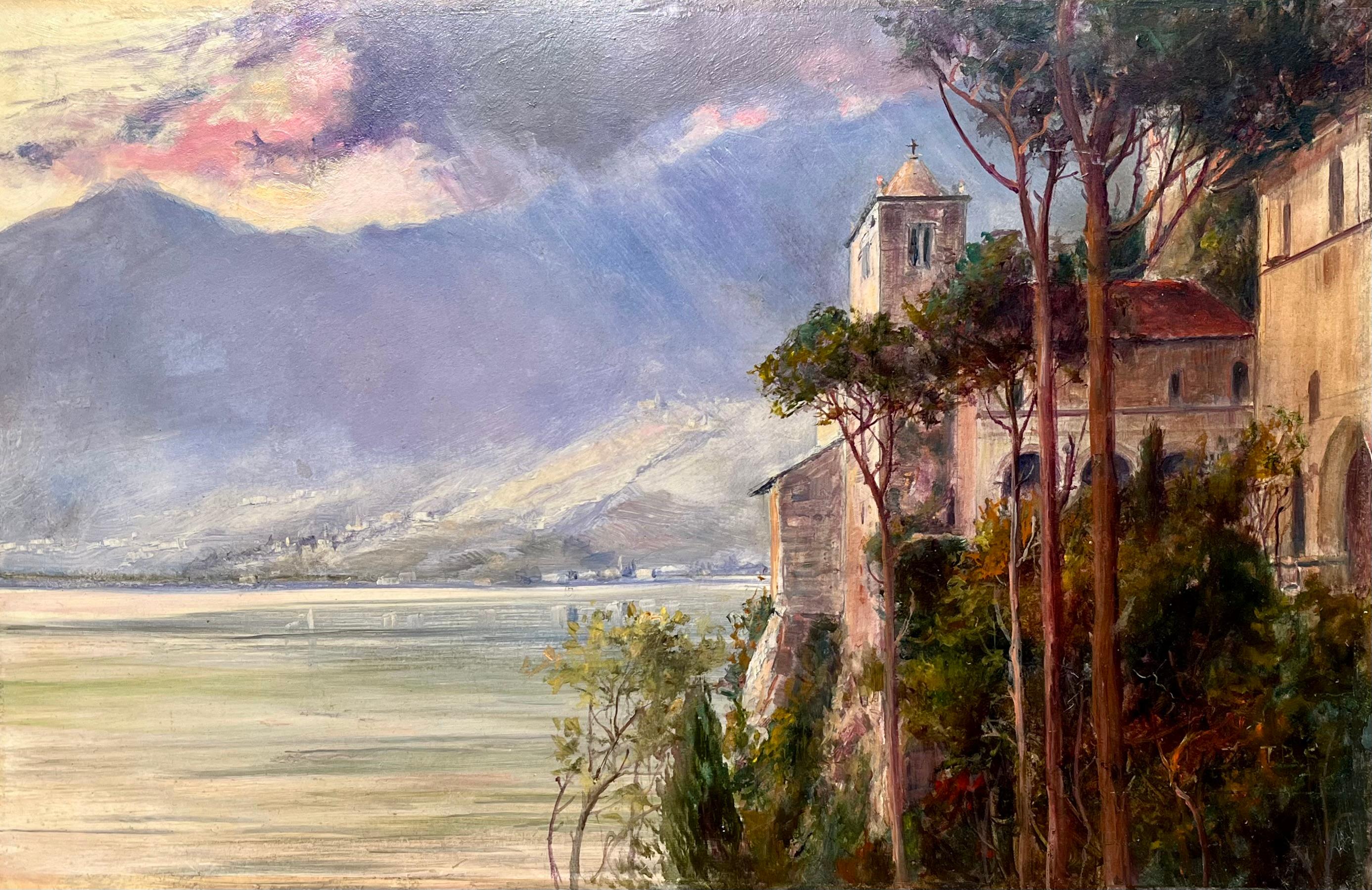 Landscape Painting di Thomas Ralph Spence - Una pioggia di tuoni sul Lago Maggiore, nel Nord Italia