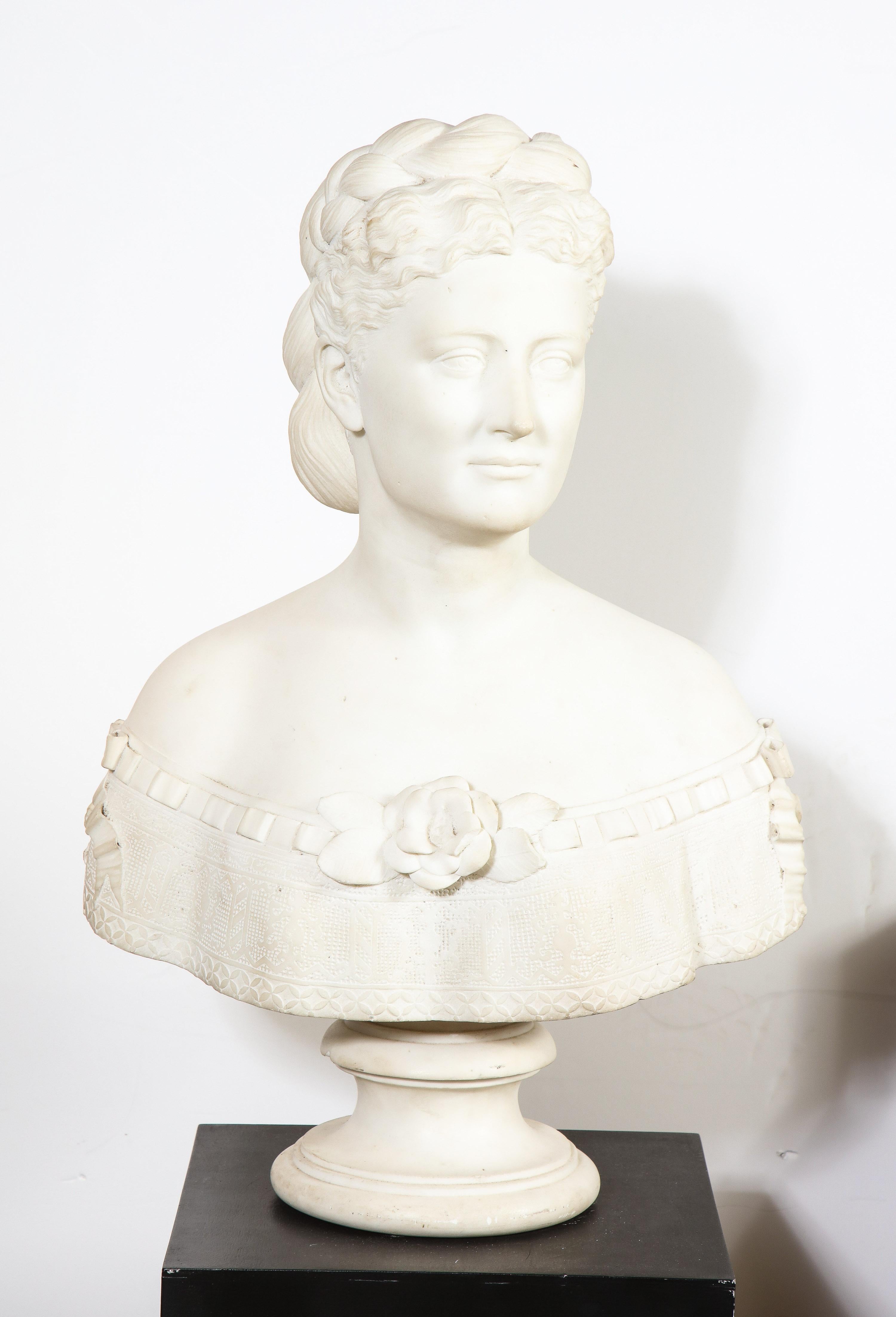 Thomas Ridgeway Gould (1818-1881) an extremely rare American White Marble Bust of A Woman, circa 1870.

Depicting a beautiful woman with her hair double row, braided in a bun. Very fine quality, a masterpiece, museum sculpture.

Signed 