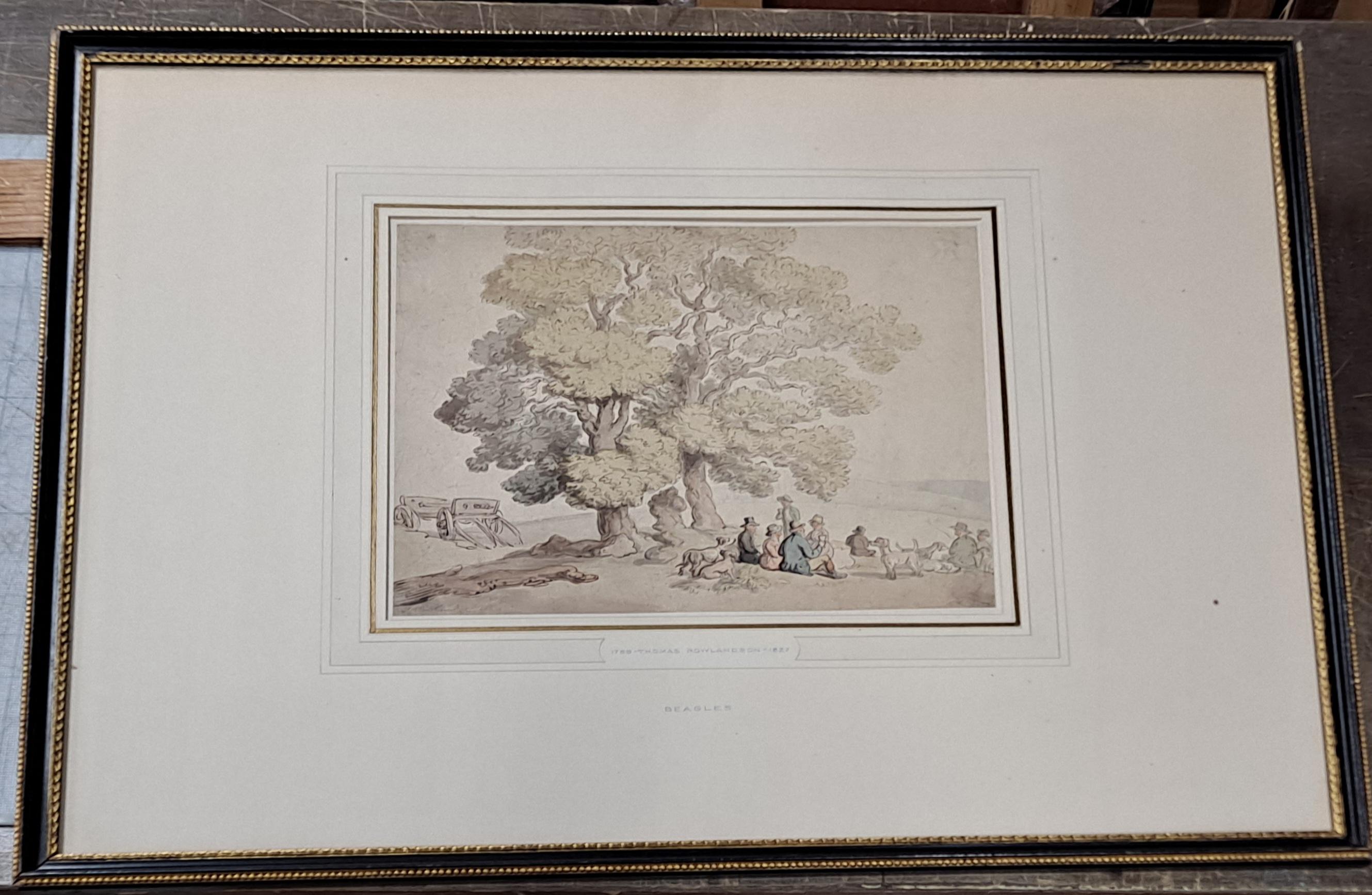 Thomas Rolandson (Englisch, 1756-1829) "Beagles" Aquarell aus der Collection'S von David Rockefeller

Ungerahmt 9" x 11"

Gerahmt 19" x 24"