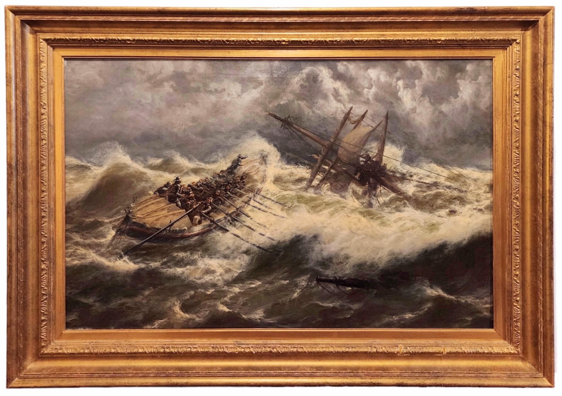 Striving Hard to Reach the Wreck, British Seascape, Sinking Ship, Rescue - Painting by Thomas Rose Miles