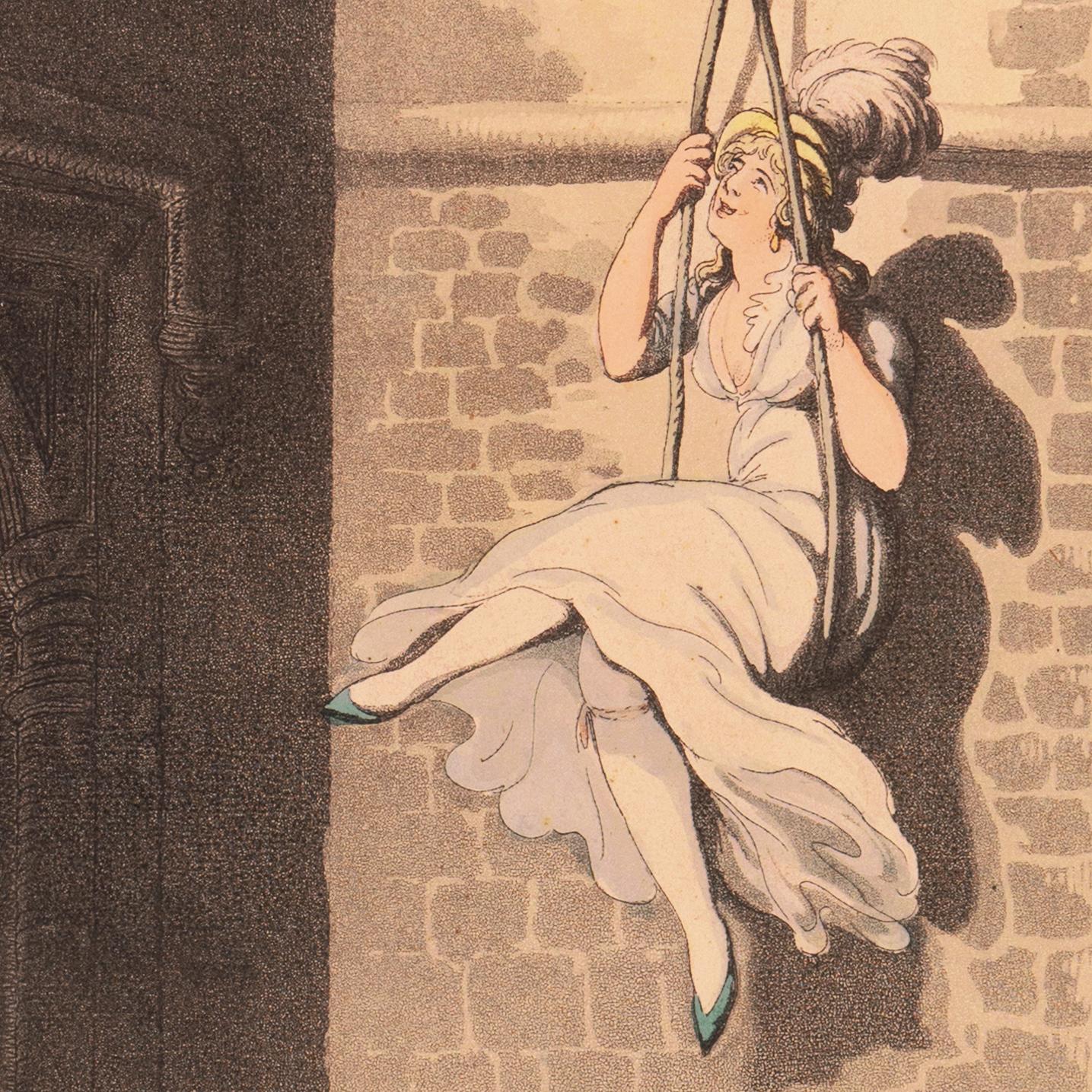 An amusing view of an academic wagging his finger in disapproval as a  young lady in a rope seat is pulled up  to a college dorm window by a group of revelling students.   

Thomas Rowlandson (English, 1756-1827) entered the School of the Royal