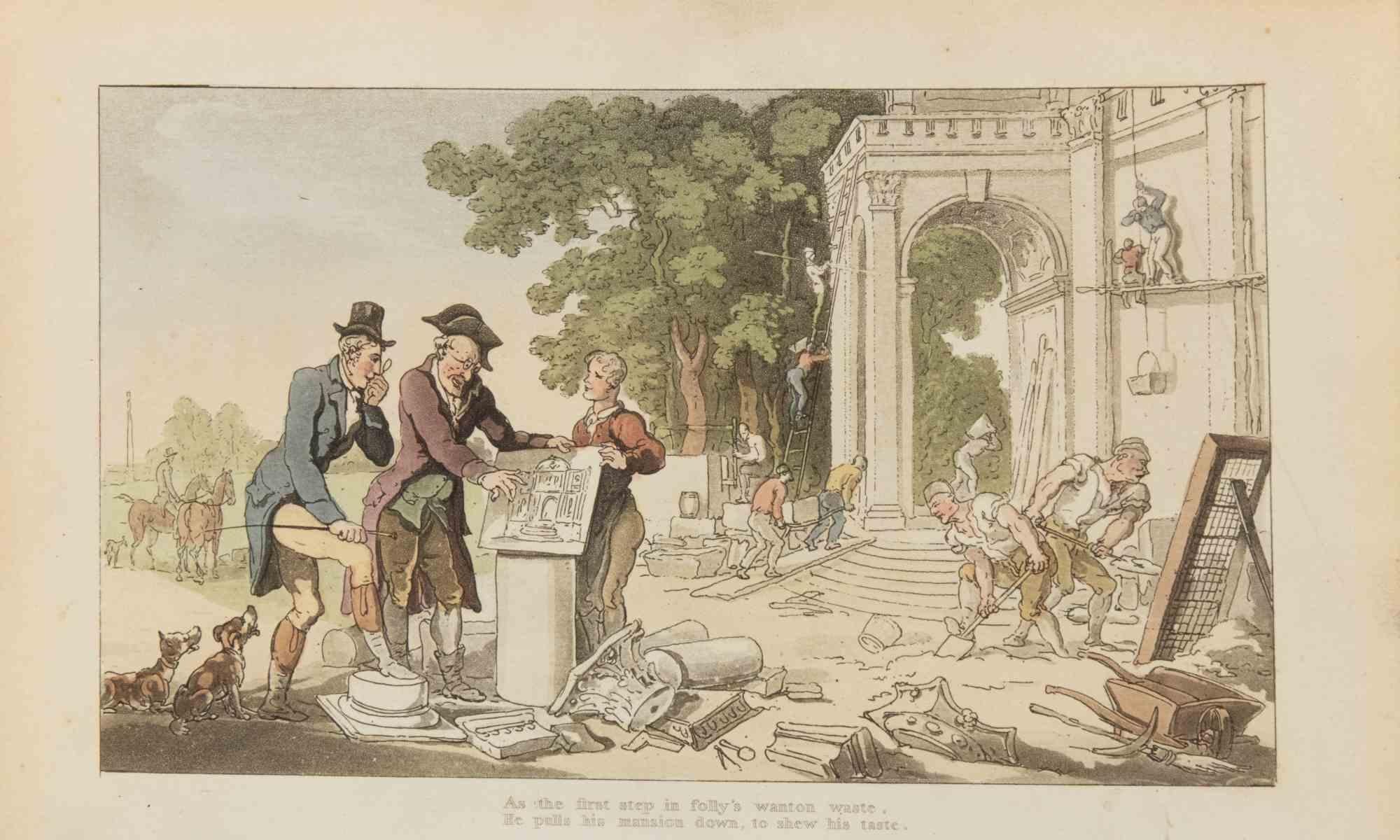 Als erster Schritt in Folly's Wanton Waste – Radierung von Thomas Rowlandson – 1817