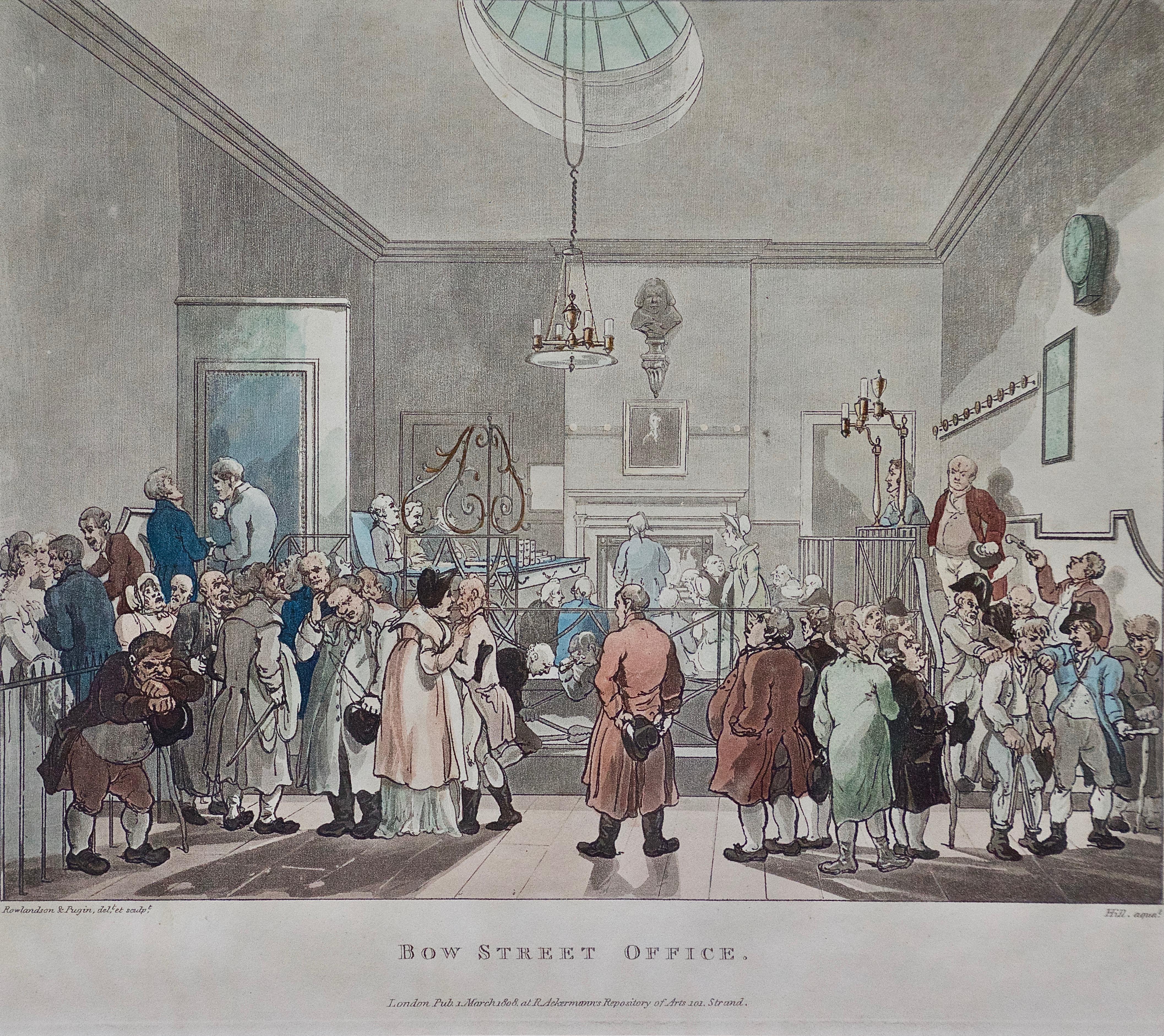 Handkoloriertes „Bow Street Office“ von Rowlandson aus „The Microcosm of London“  (Sonstige Kunststile), Print, von Thomas Rowlandson