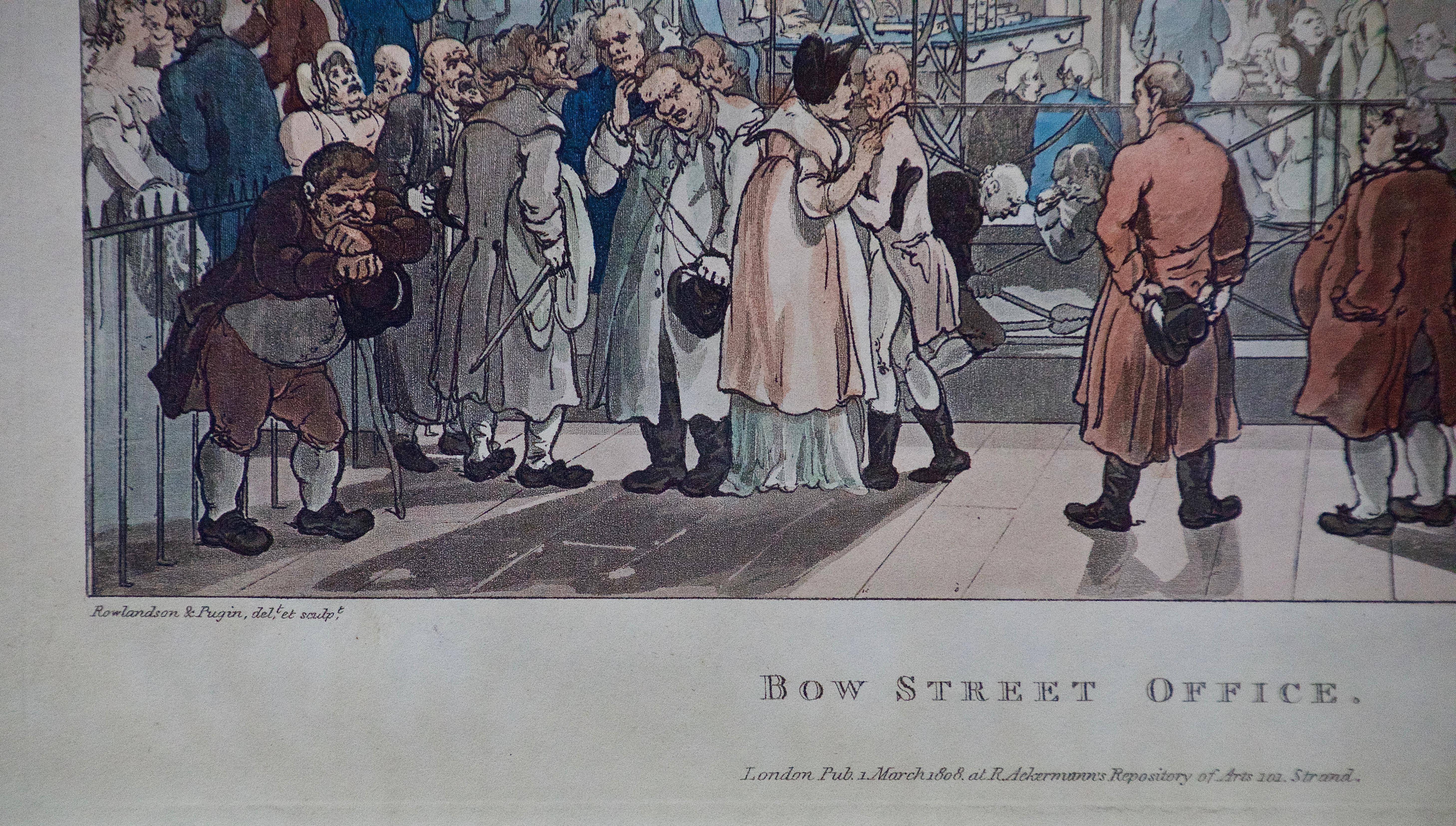 Handkoloriertes „Bow Street Office“ von Rowlandson aus „The Microcosm of London“  (Grau), Interior Print, von Thomas Rowlandson