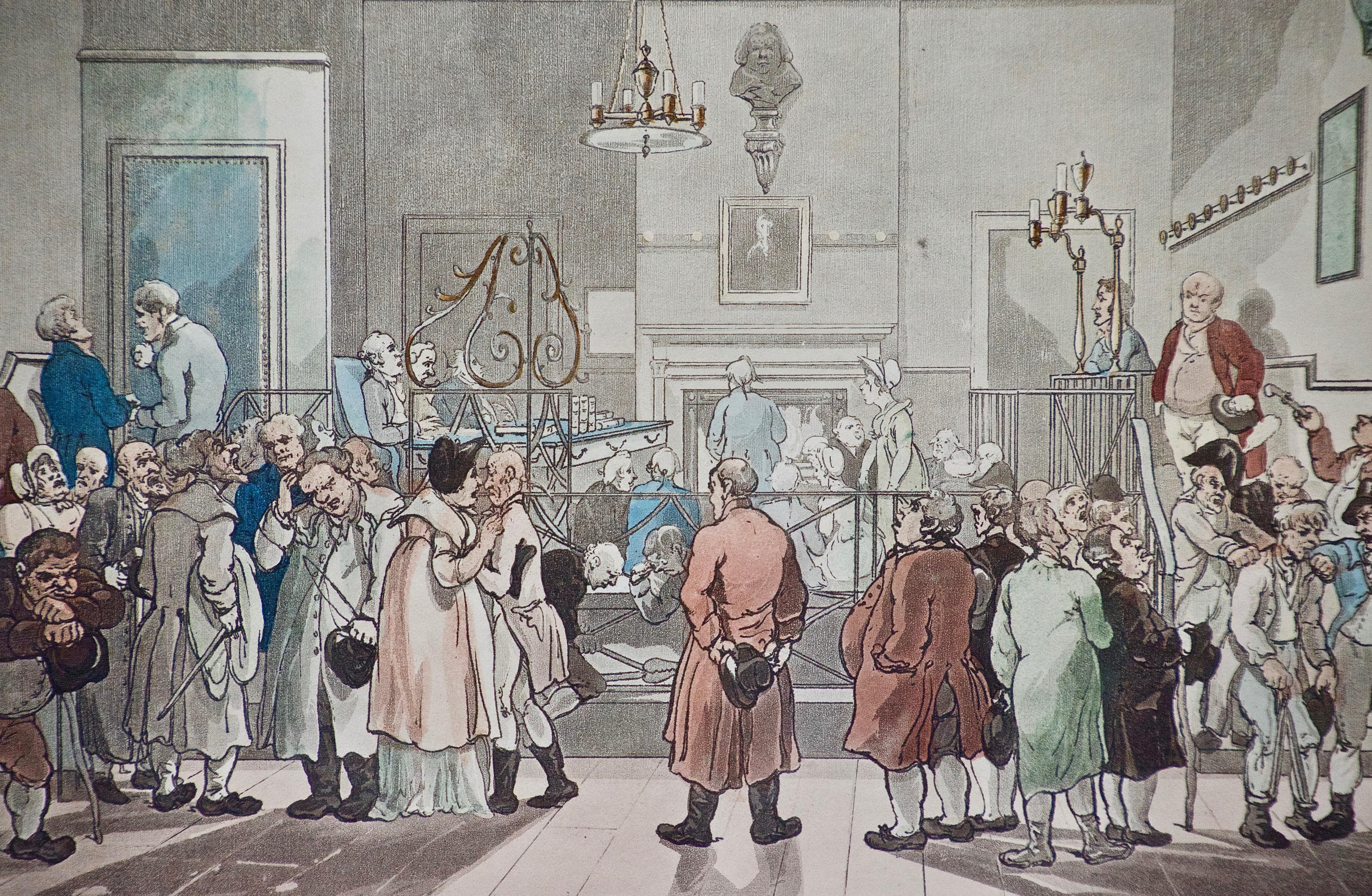 Bow Street Office: Rowlandson Hand-colored Engraving from Microcosm of London  - Print by Thomas Rowlandson