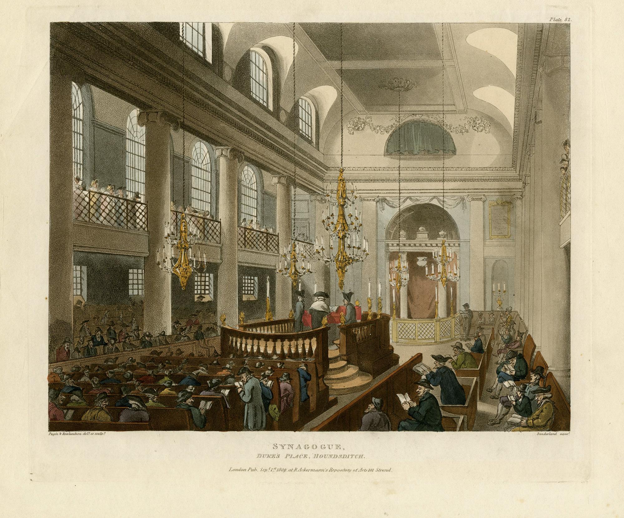 Synagogue Duke's Palace Houndsditch by Th. Sunderland after Pugin & Rowlandson - Print by Thomas Rowlandson