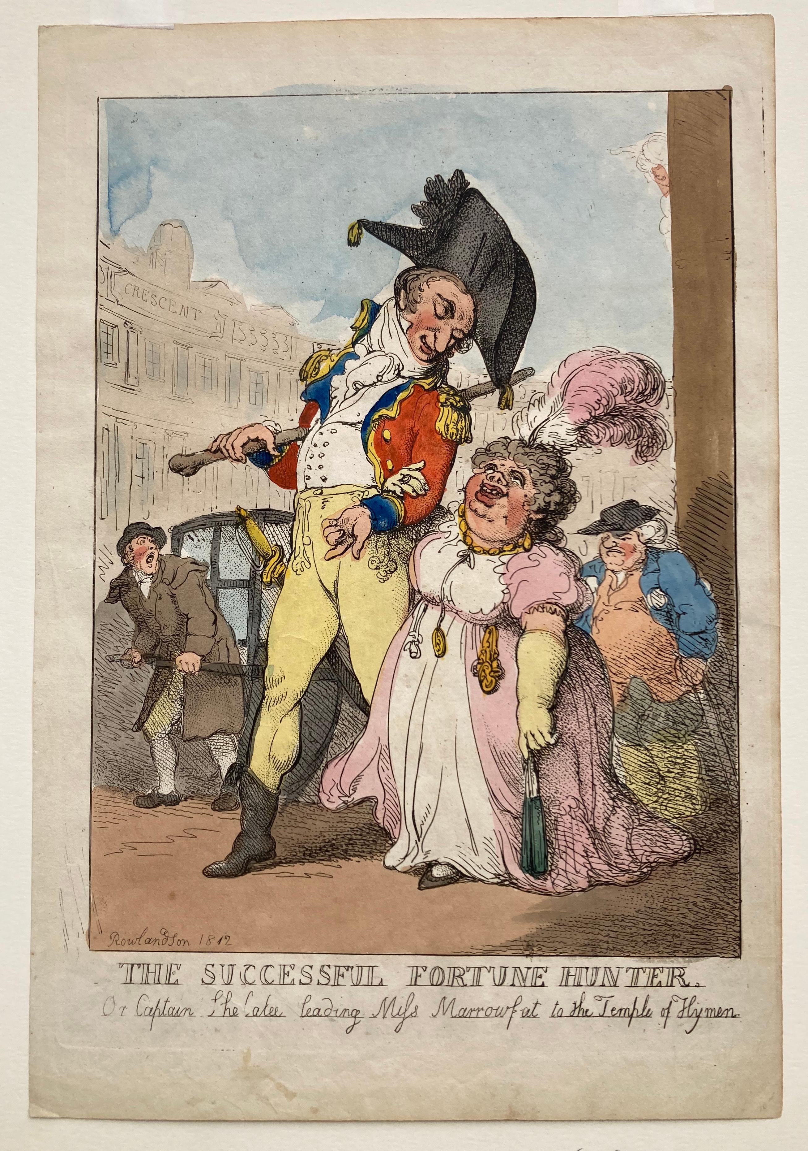 THE SUCCESSFUL FORTUNE HUNTER - Leading Miss Morrowfat  to the Temple of Hyman - Print by Thomas Rowlandson