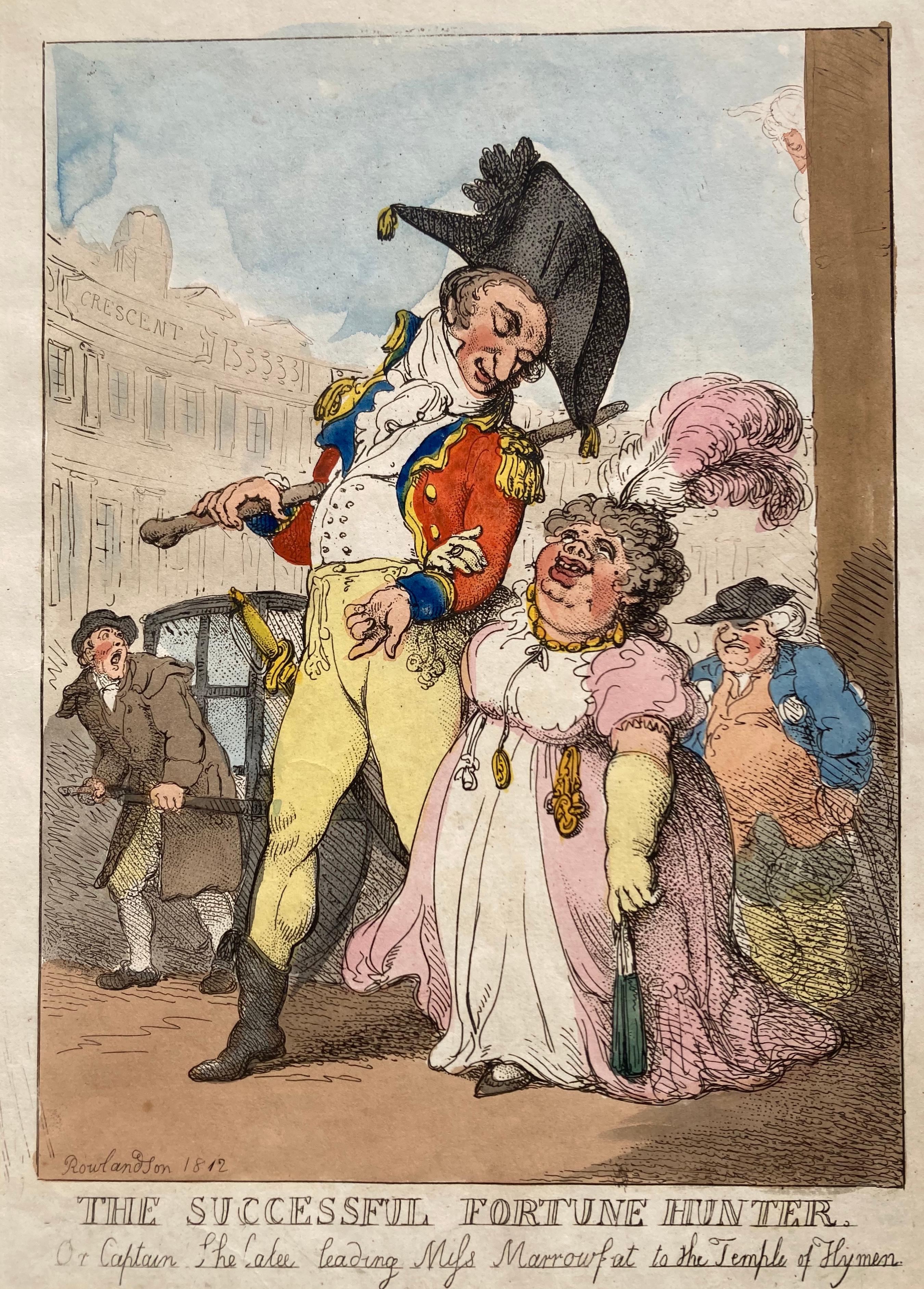 Thomas Rowlandson Figurative Print - THE SUCCESSFUL FORTUNE HUNTER - Leading Miss Morrowfat  to the Temple of Hyman