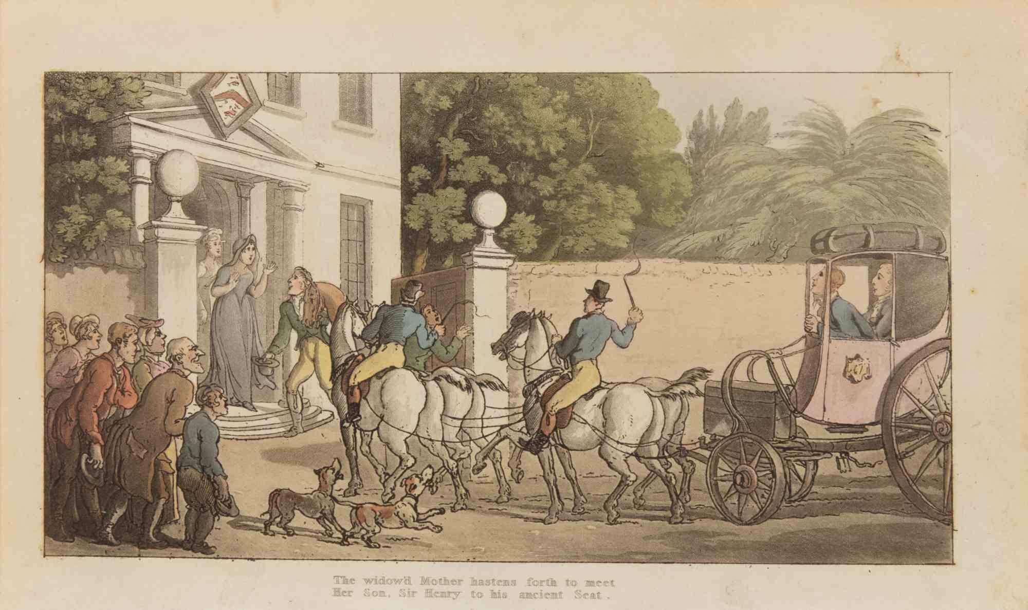 La madre vedova si affretta a incontrarla  - Acquaforte di Thomas Rowlandson - 1817