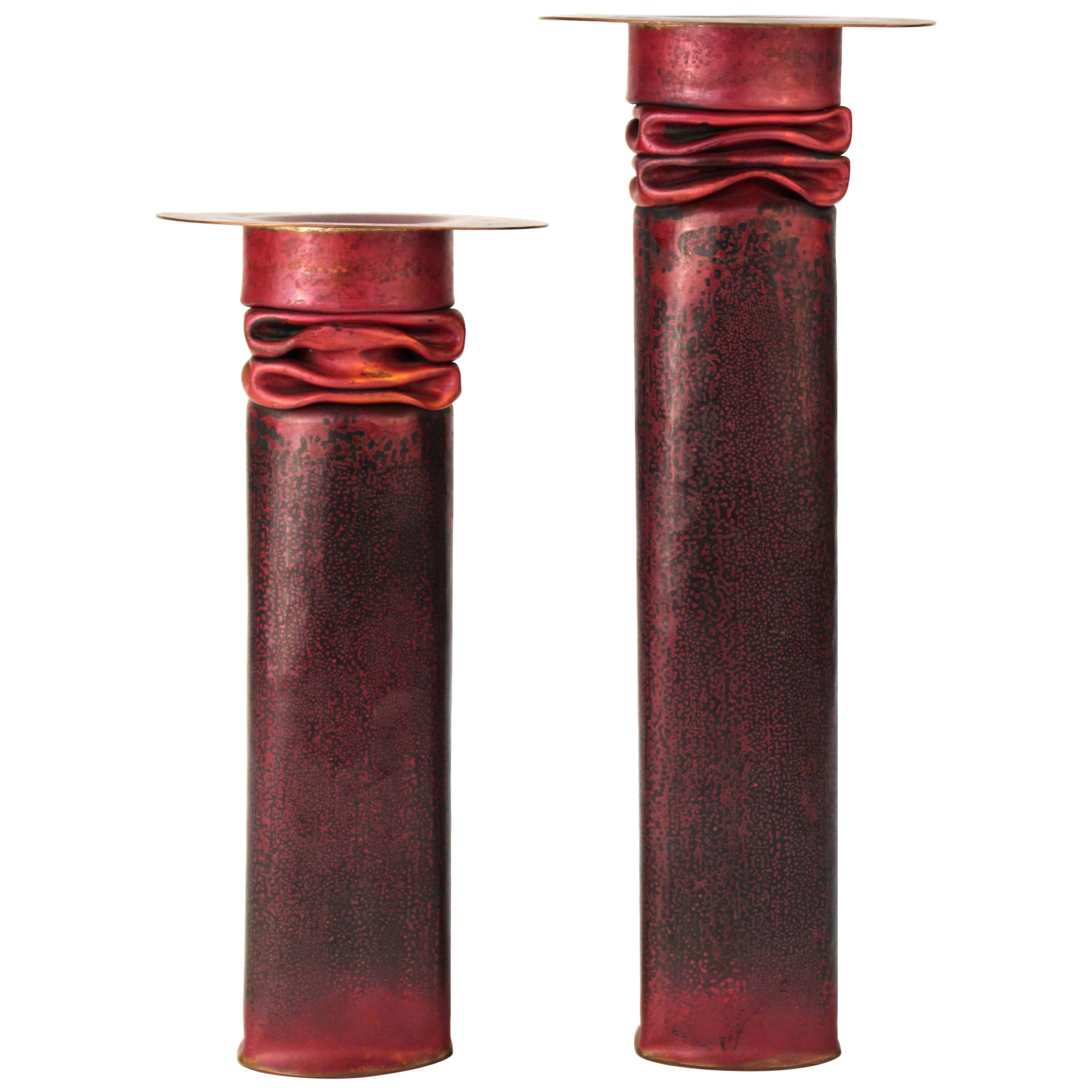 Thomas Roy Markusen American Modernist Candleholders in Red Patina For Sale
