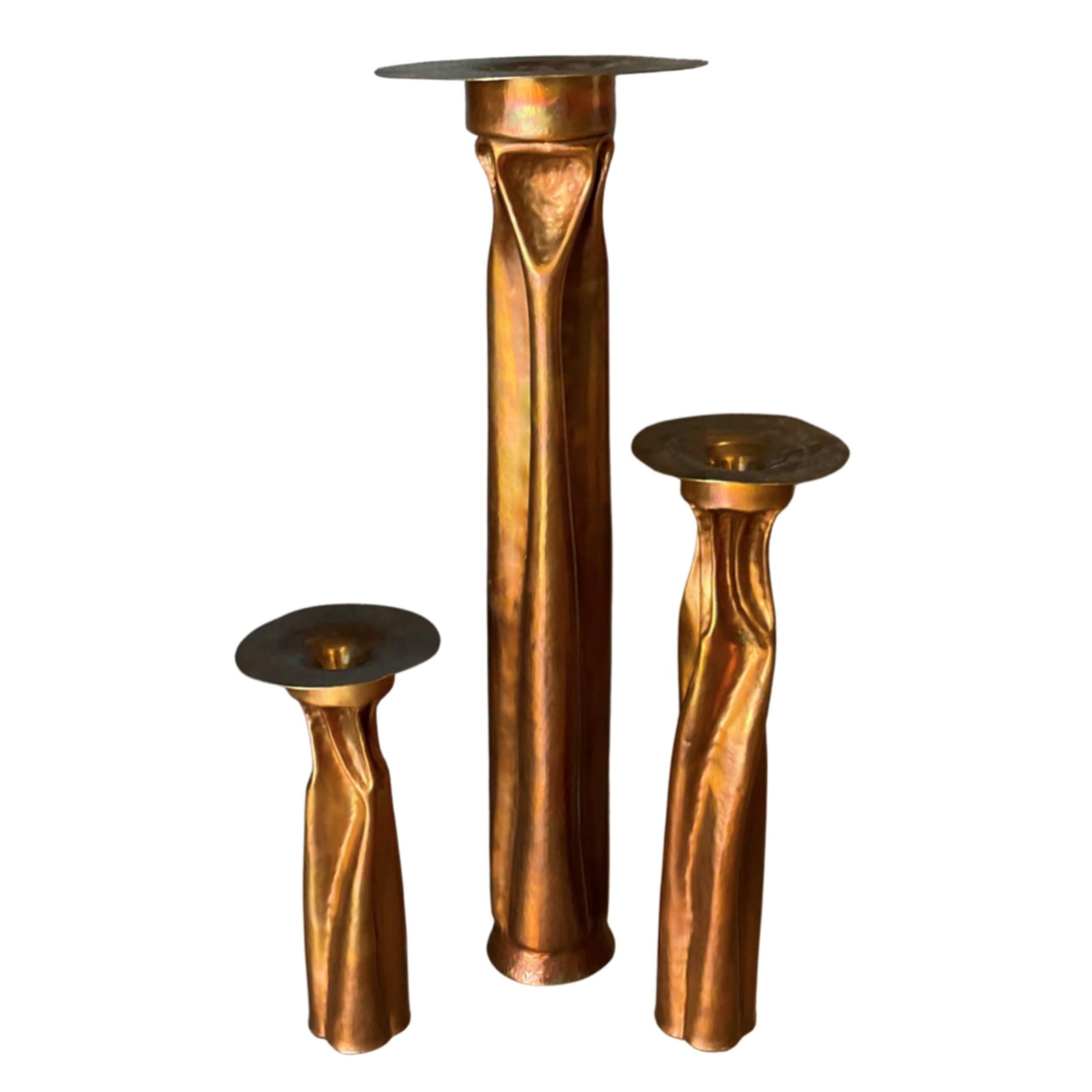 Thomas Roy Markusen Set of 3 Copper Candle Holders In Good Condition For Sale In Los Angeles, CA
