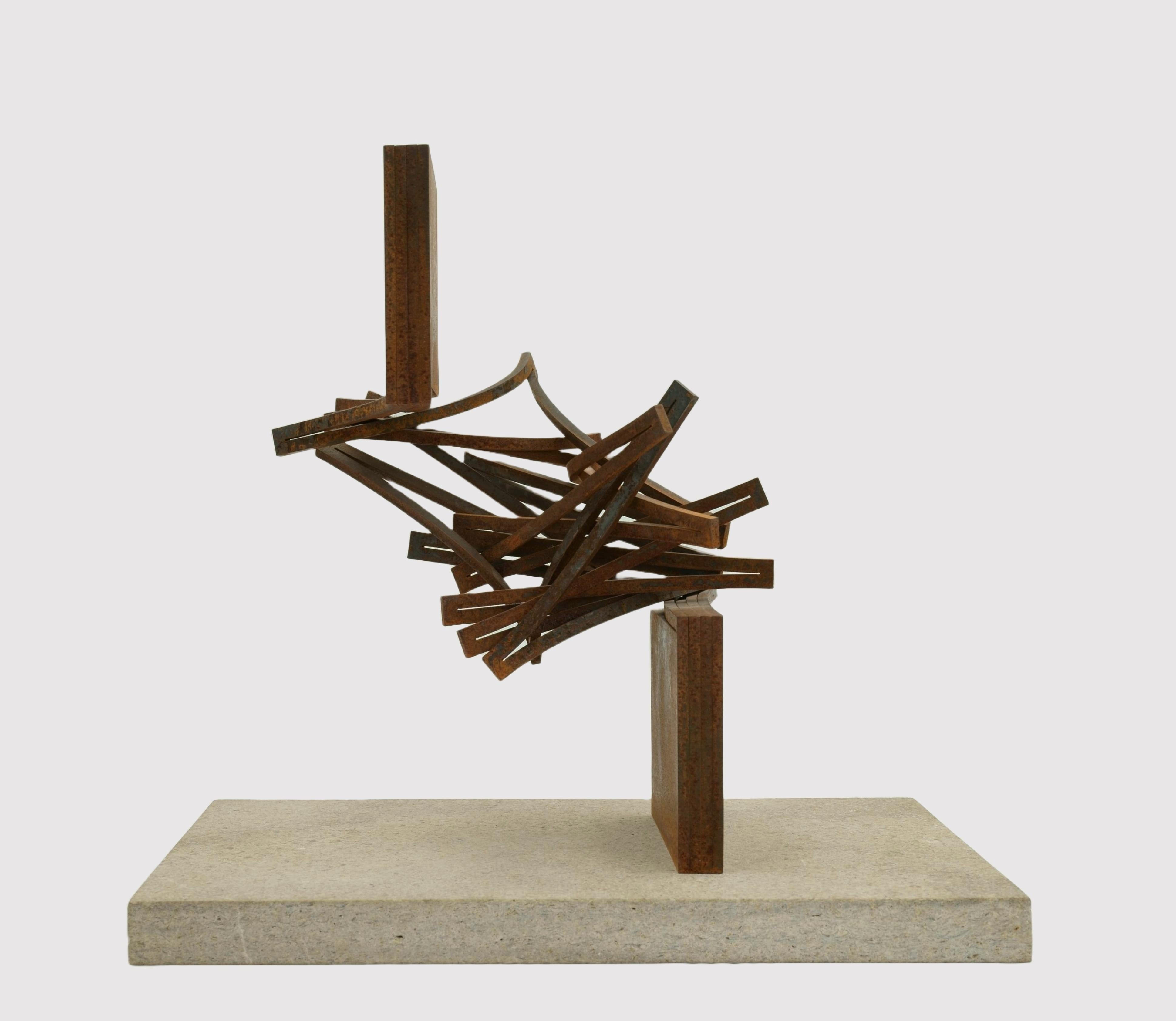 Thomas Röthel (*1969 Ansbach), Gradual Rotation, around 2005. Steel with rust patina mounted on stone plate. Overall dimensions: 38 cm (height) x 34 cm (width) x 27 cm (depth), weight 12.3 kg.
- in excellent condition




- Dynamic Tectonics -