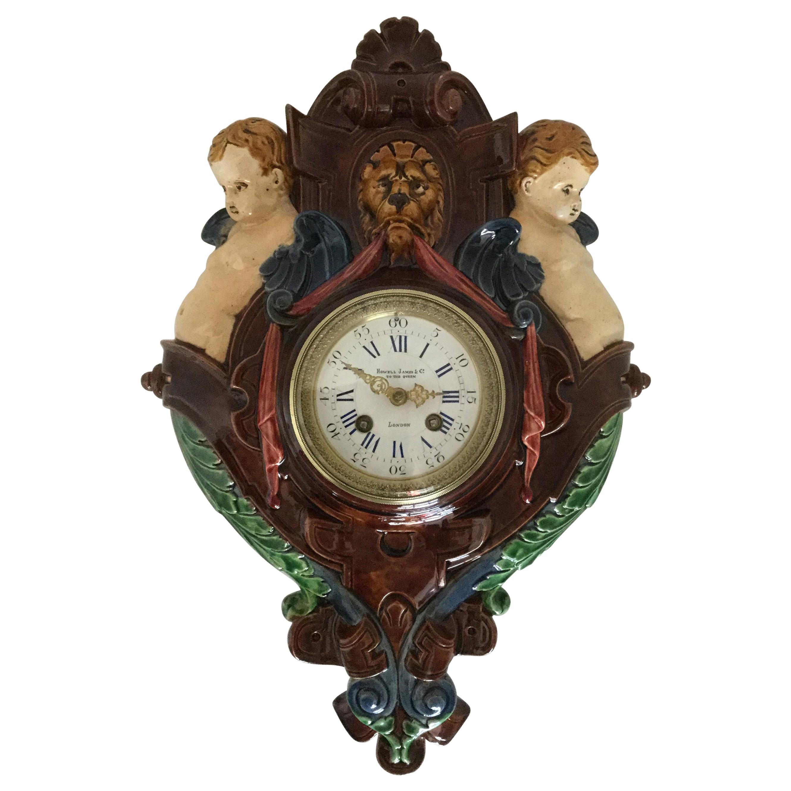 Thomas Sargent Palissy Ware Majolica Wall Clock circa 1870 Japy Freres Movement