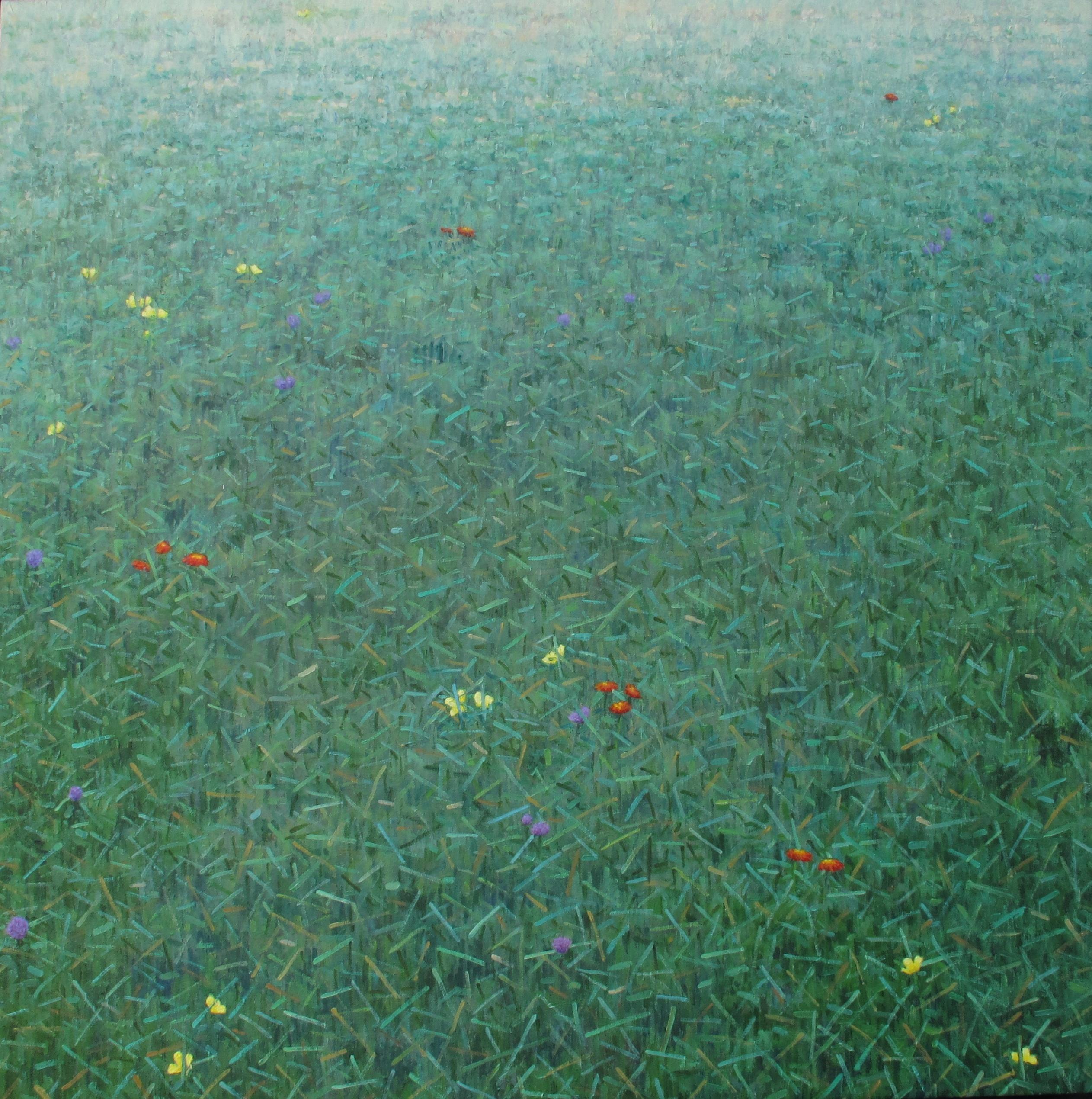 Thomas Sarrantonio Landscape Painting - Community, Green Grass Field, Red, Yellow Flowers Botanical Garden Landscape