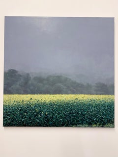 Corn Field with Fog - Contemporary Foggy Countryside Landscape Trees, 2023