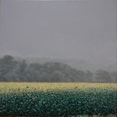 Maisfeld mit Nebel - Zeitgenössische neblige Landschaft mit Bäumen, 2023