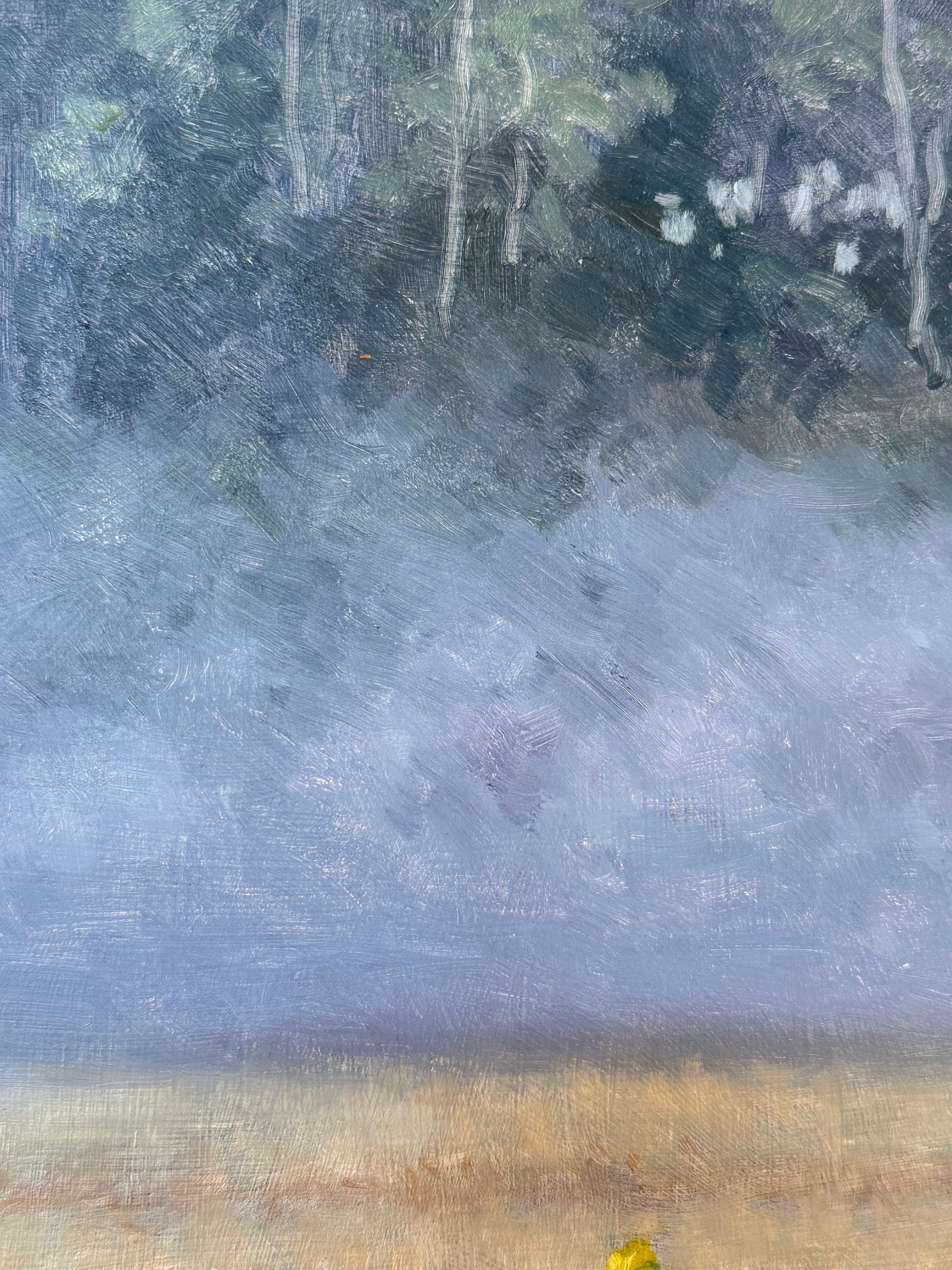 Pintura de campo 1 de agosto - Paisaje contemporáneo Pintura al óleo Flores, 2024 - Landscape Painting Gris de Thomas Sarrantonio