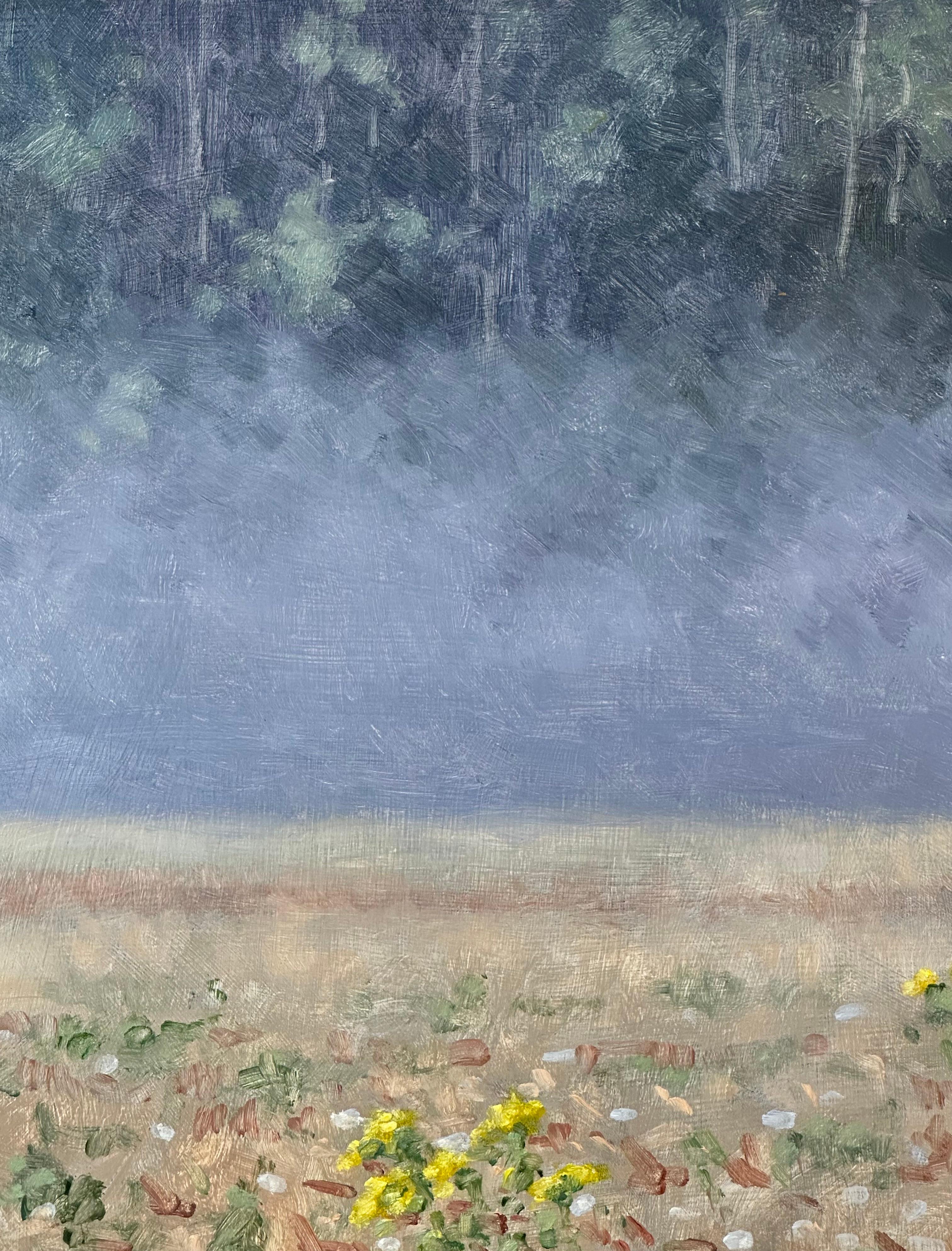 En este paisaje contemporáneo pintado al óleo sobre tabla, se desarrolla una apacible escena veraniega con un campo de flores amarillas de vara de oro envuelto en niebla, a principios de agosto. Firmado, fechado y titulado en el reverso.

Las