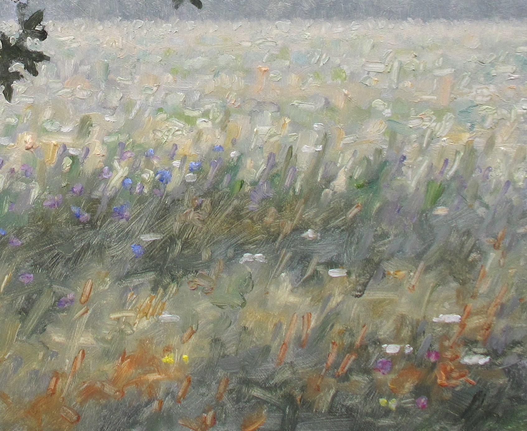 Peinture de champ du 17 août 2020, paysage, fleurs dans un champ vert, arbres, fleurs - Gris Landscape Painting par Thomas Sarrantonio