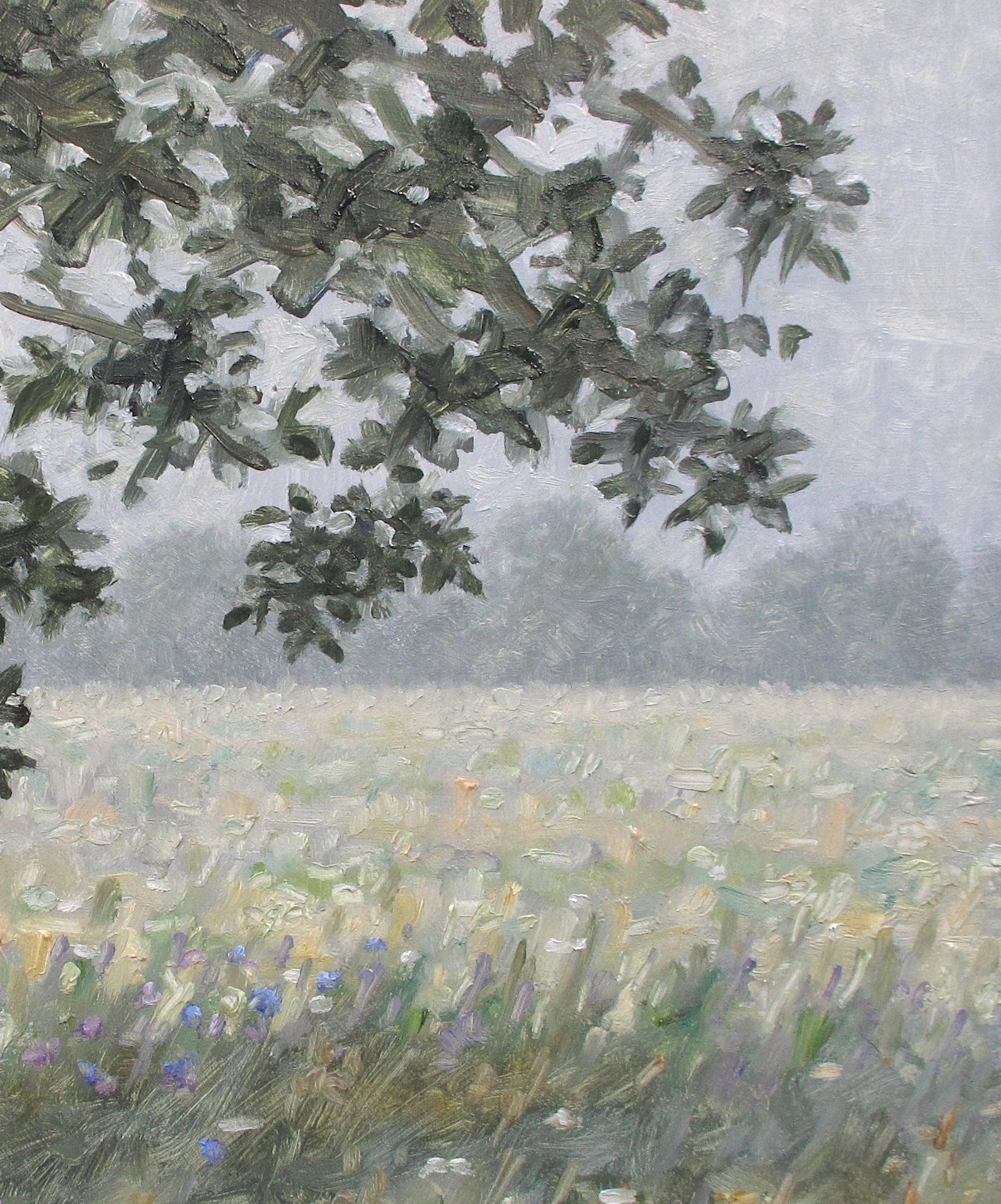 A peaceful outdoor scene of a delicately painted field with white and pale lilac flowers, shrouded in mist, beneath a tree with olive green leaves, beautifully capturing the idyllic feel of a field of wildflowers and tall grass in mid-August.