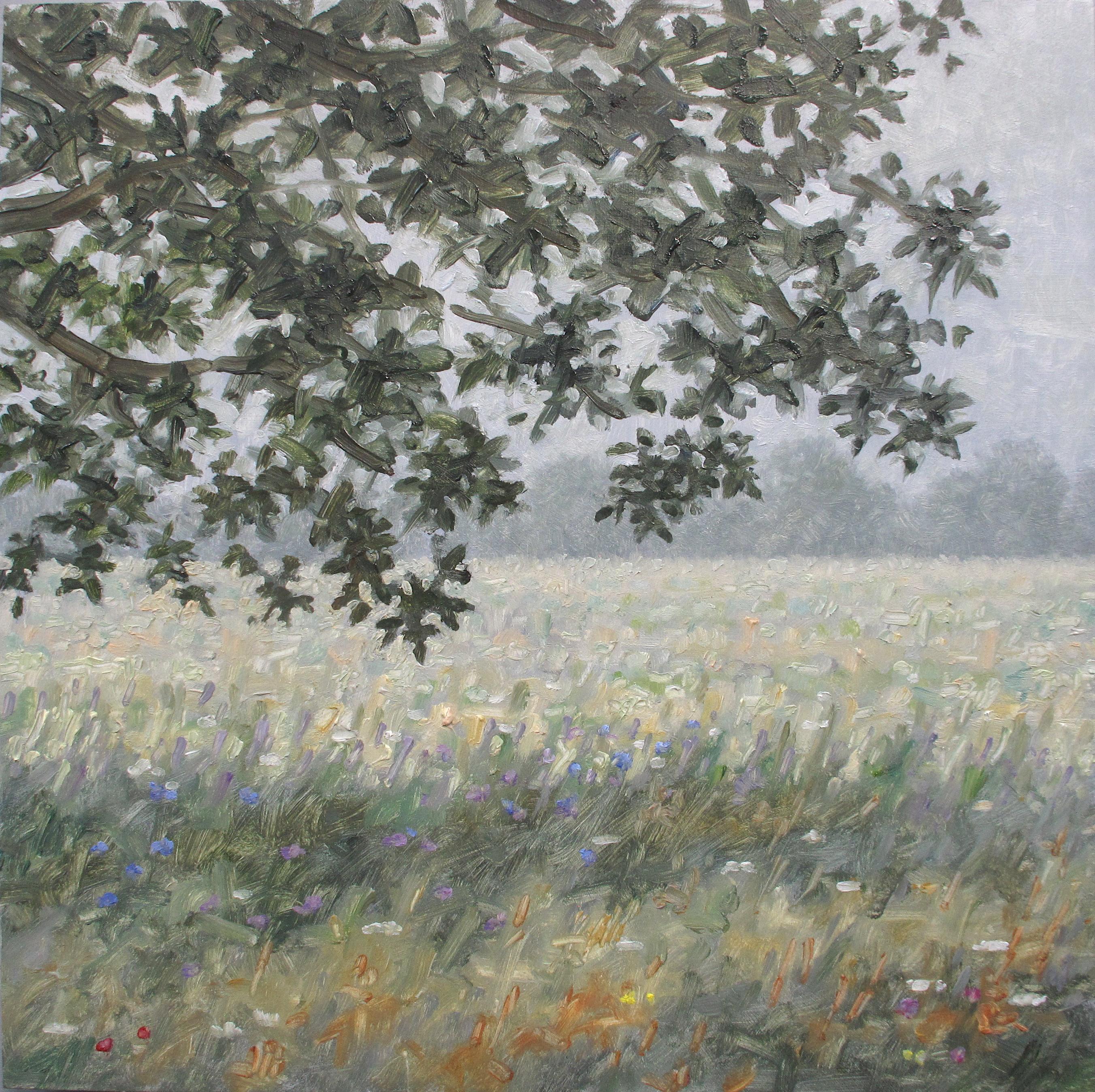 Landscape Painting Thomas Sarrantonio - Peinture de champ du 17 août 2020, paysage, fleurs dans un champ vert, arbres, fleurs
