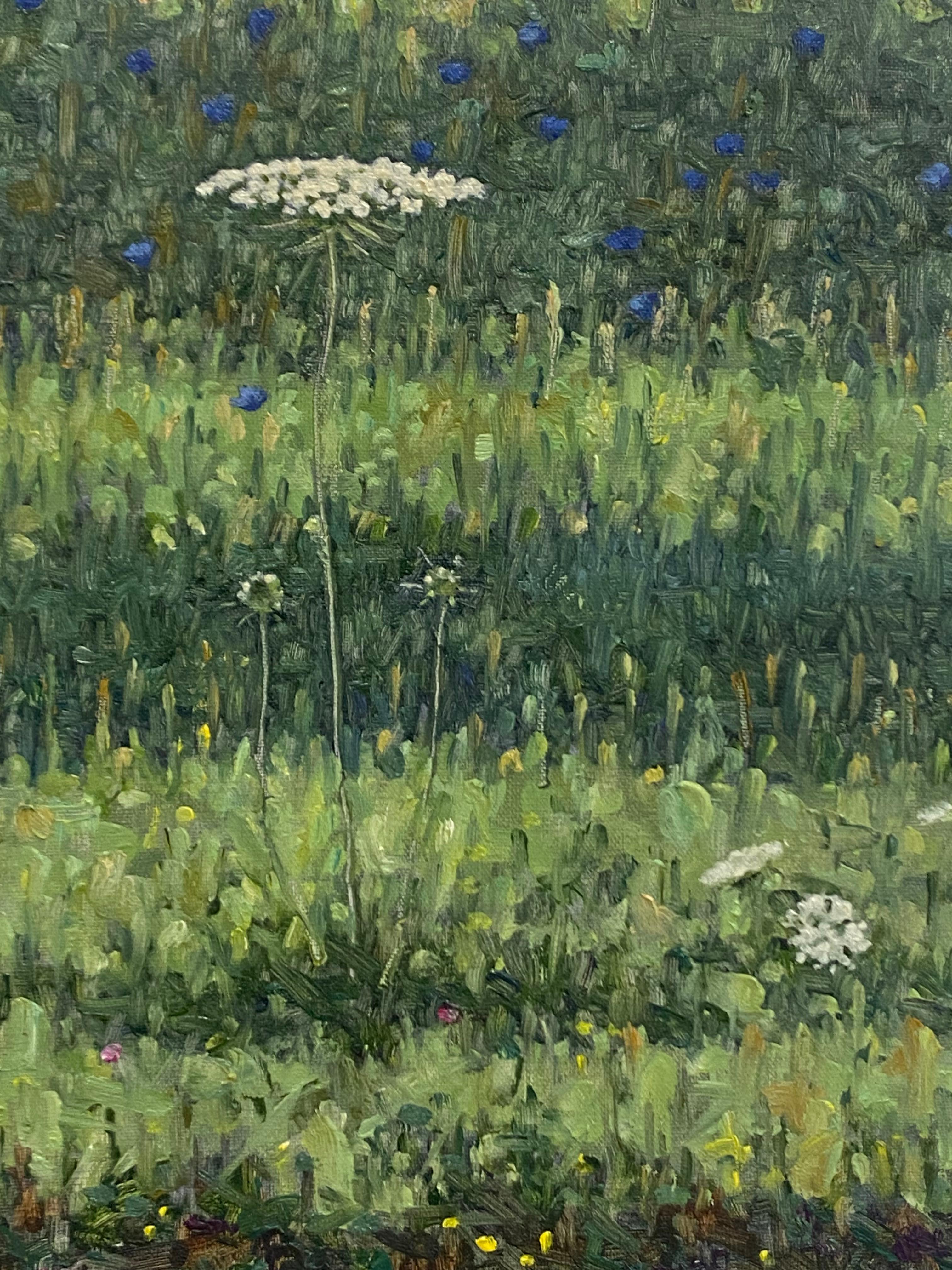 A peaceful outdoor scene of a delicately painted field with yellow, white and pink flowers and Queen Anne's lace, beautifully capturing the idyllic feel of a field of wildflowers and tall grass in early August. Signed, dated and titled on