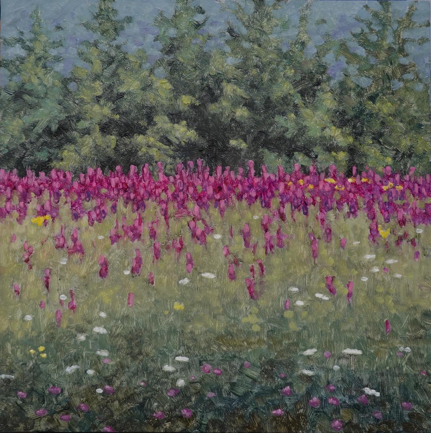 In this contemporary landscape painting in oil on panel, a peaceful summer scene is set, beautifully capturing the idyllic feel of a field of purple wildflowers in August. Signed, dated and titled on verso.

The paintings of Thomas Sarrantonio seek